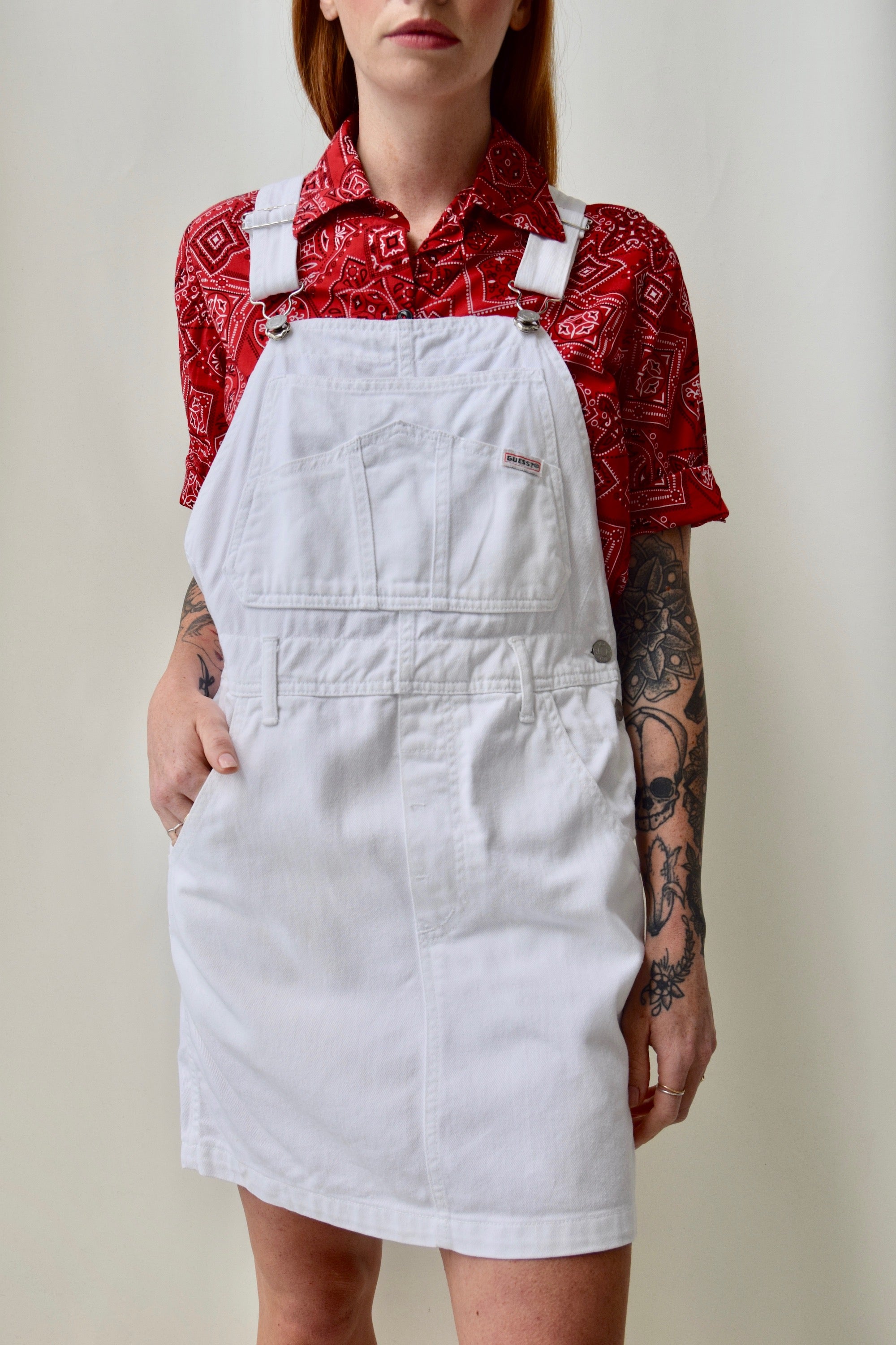 guess denim overall dress GUESS Jeans Vintage 90s Denim & Floral Hounds-tooth Romper Overall Dress 11