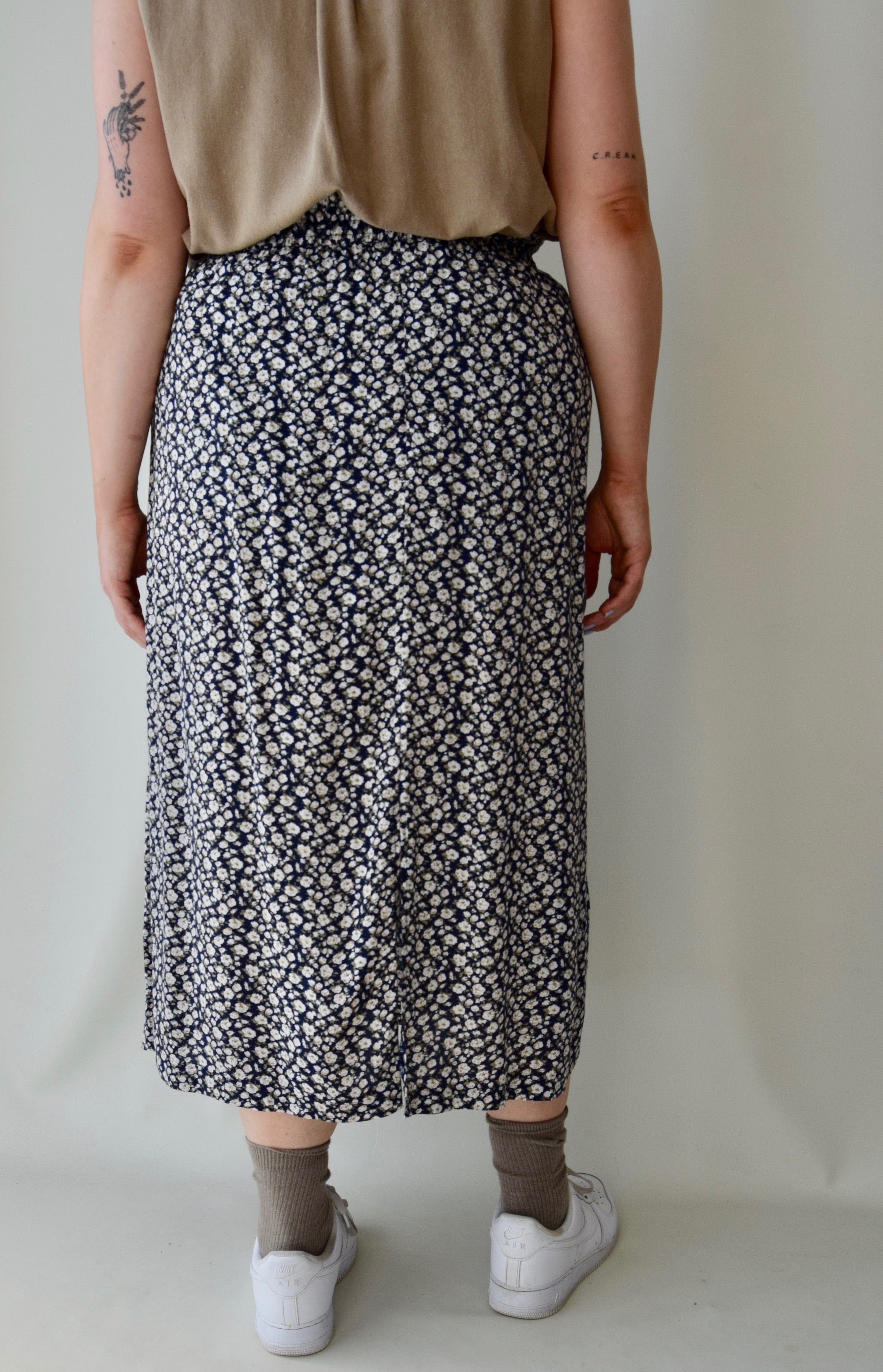 90's Navy Floral Printed Maxi Skirt