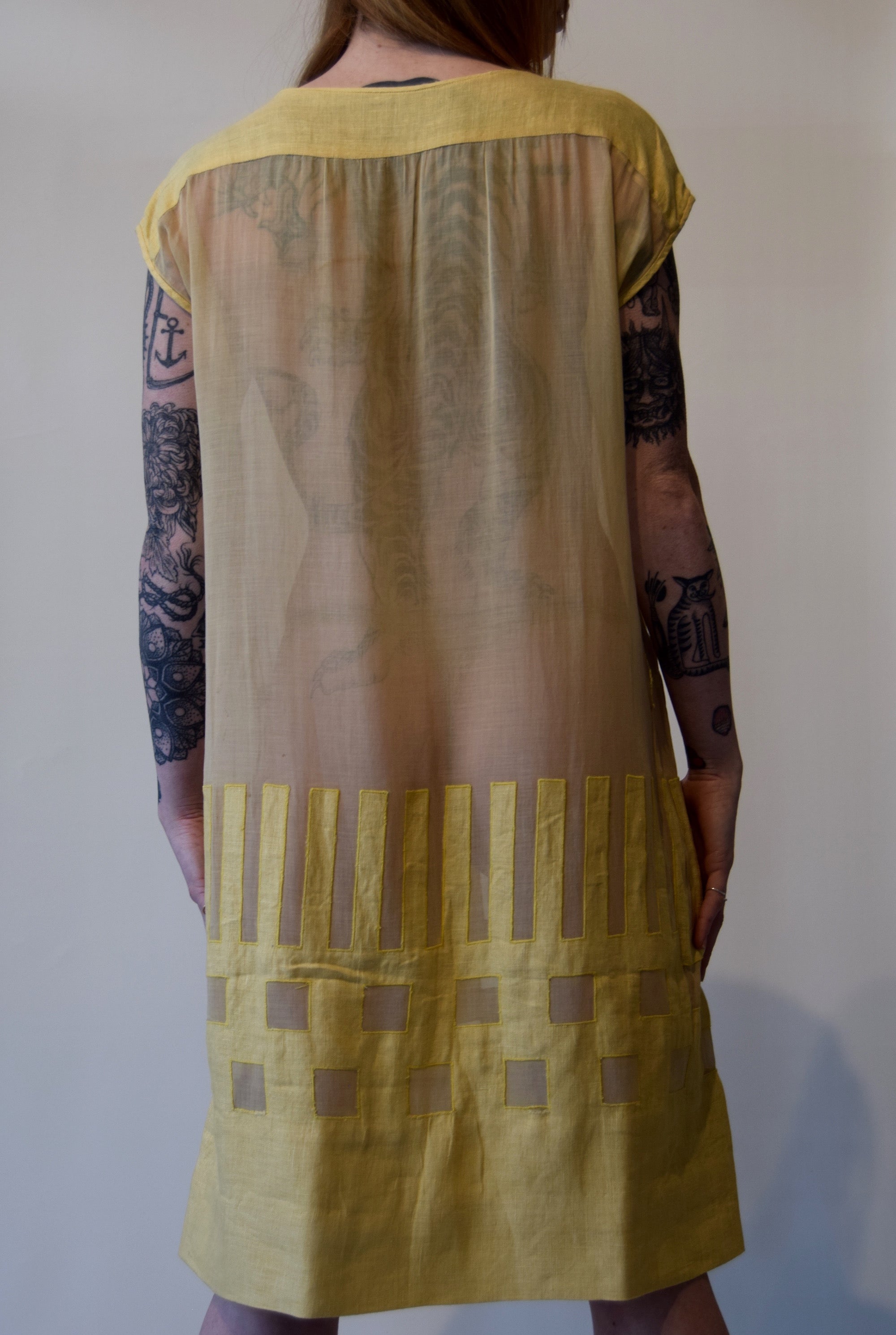 Vintage 1920's Yellow Linen and Cotton Summer Dress