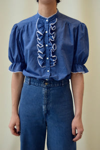 Blue and White Ruffled Grid Blouse
