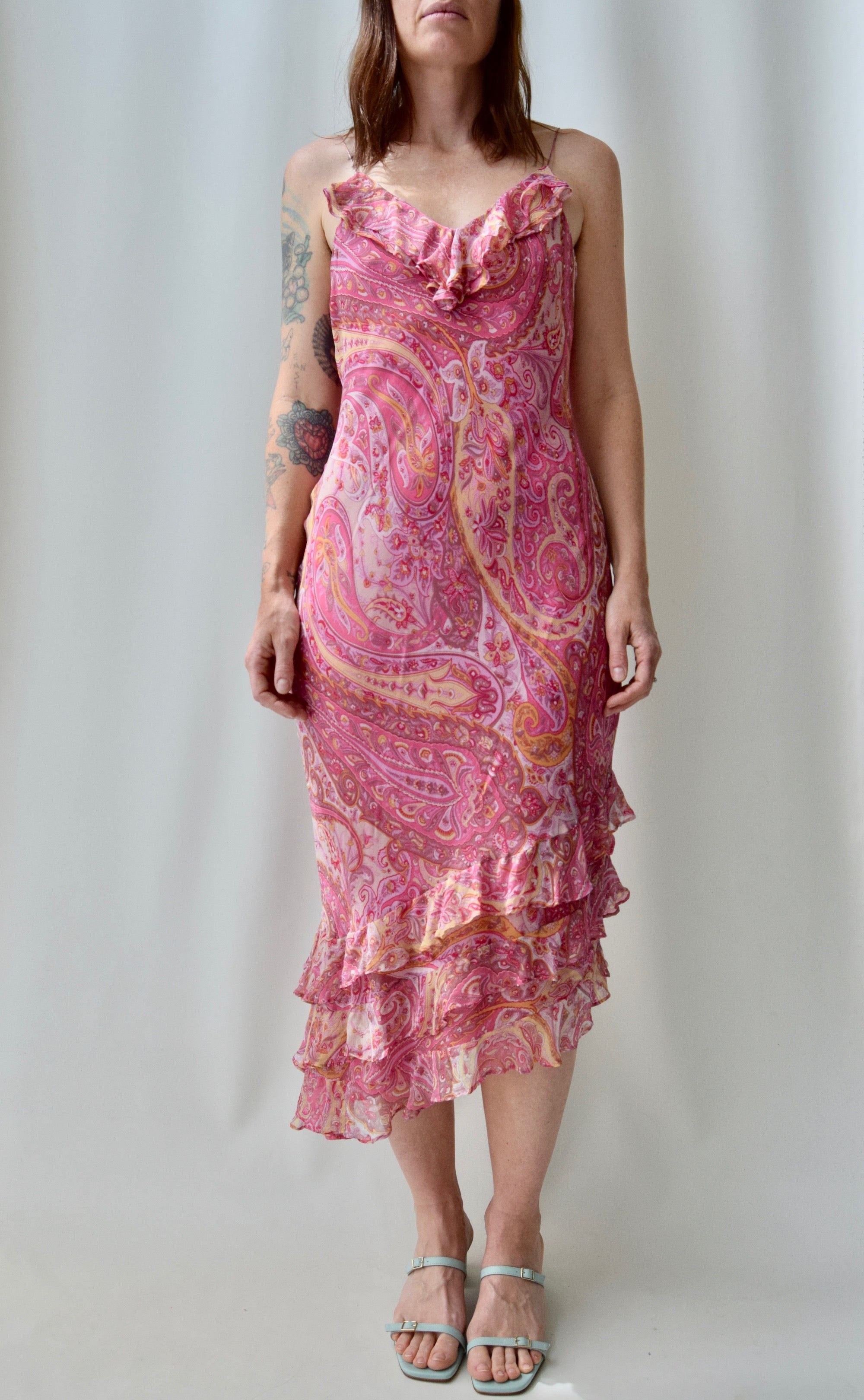 Pink Paisley Silk Bias Cut Ruffle Dress Community Thrift and Vintage Pink Paisley Silk Bias Cut Ruffle Dress Community Thrift and Vintage