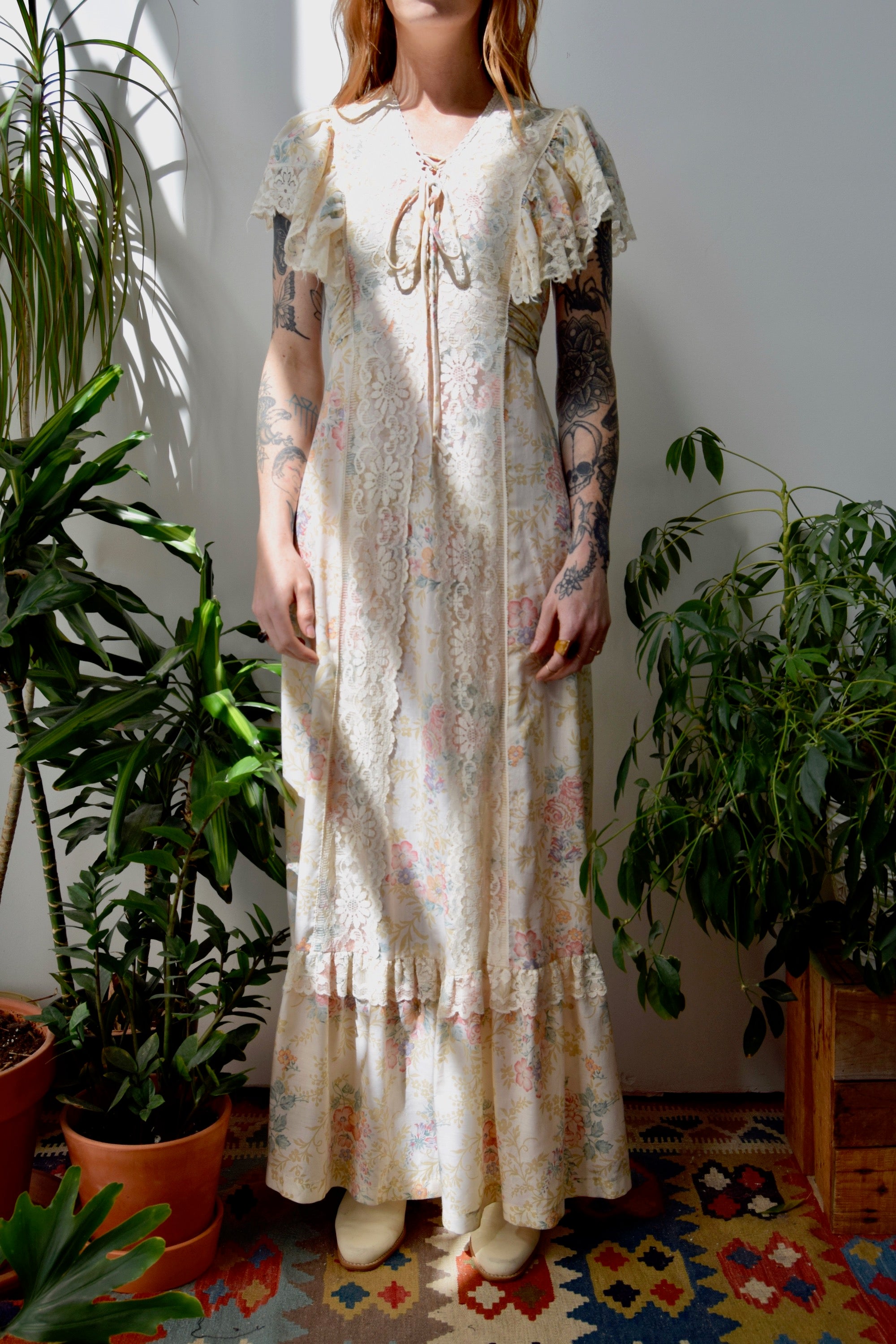 Seventies Soft Floral Lace Maxi Dress