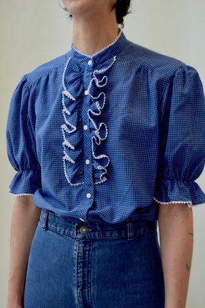 Blue and White Ruffled Grid Blouse