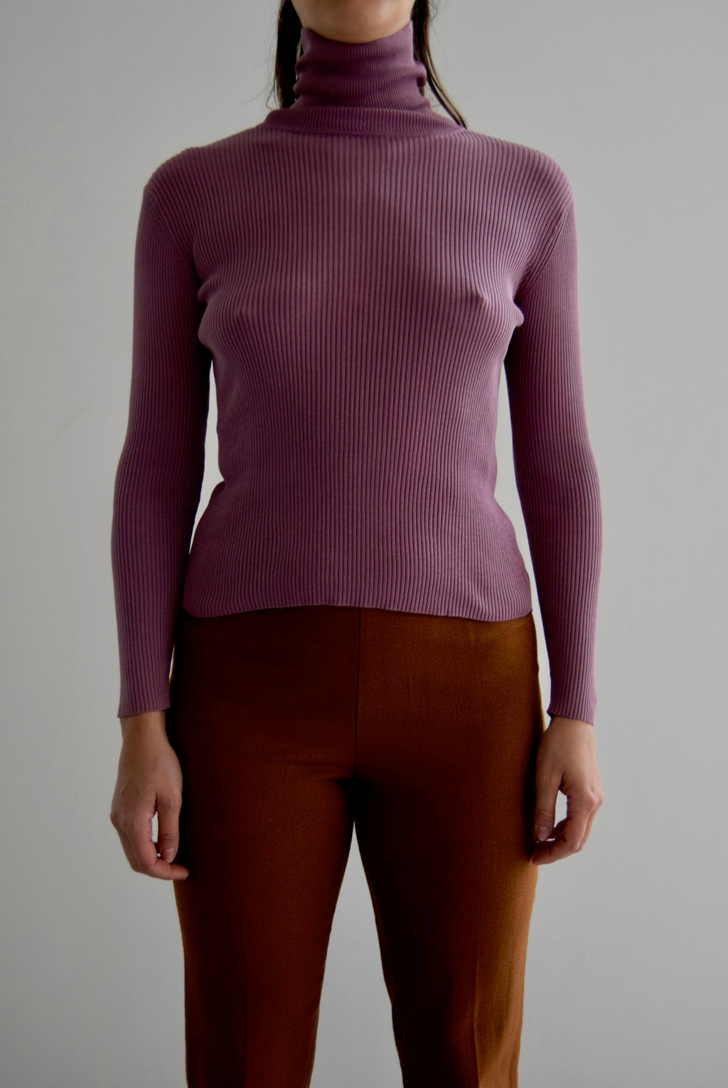 Mauve Silk Ribbed T-Neck Sweater