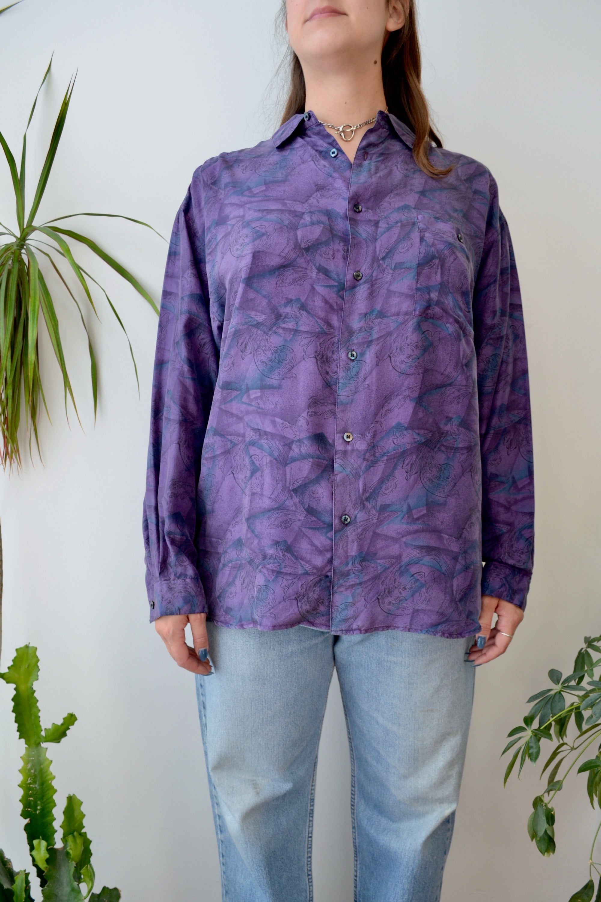 Purple Patterned Silk Button Up