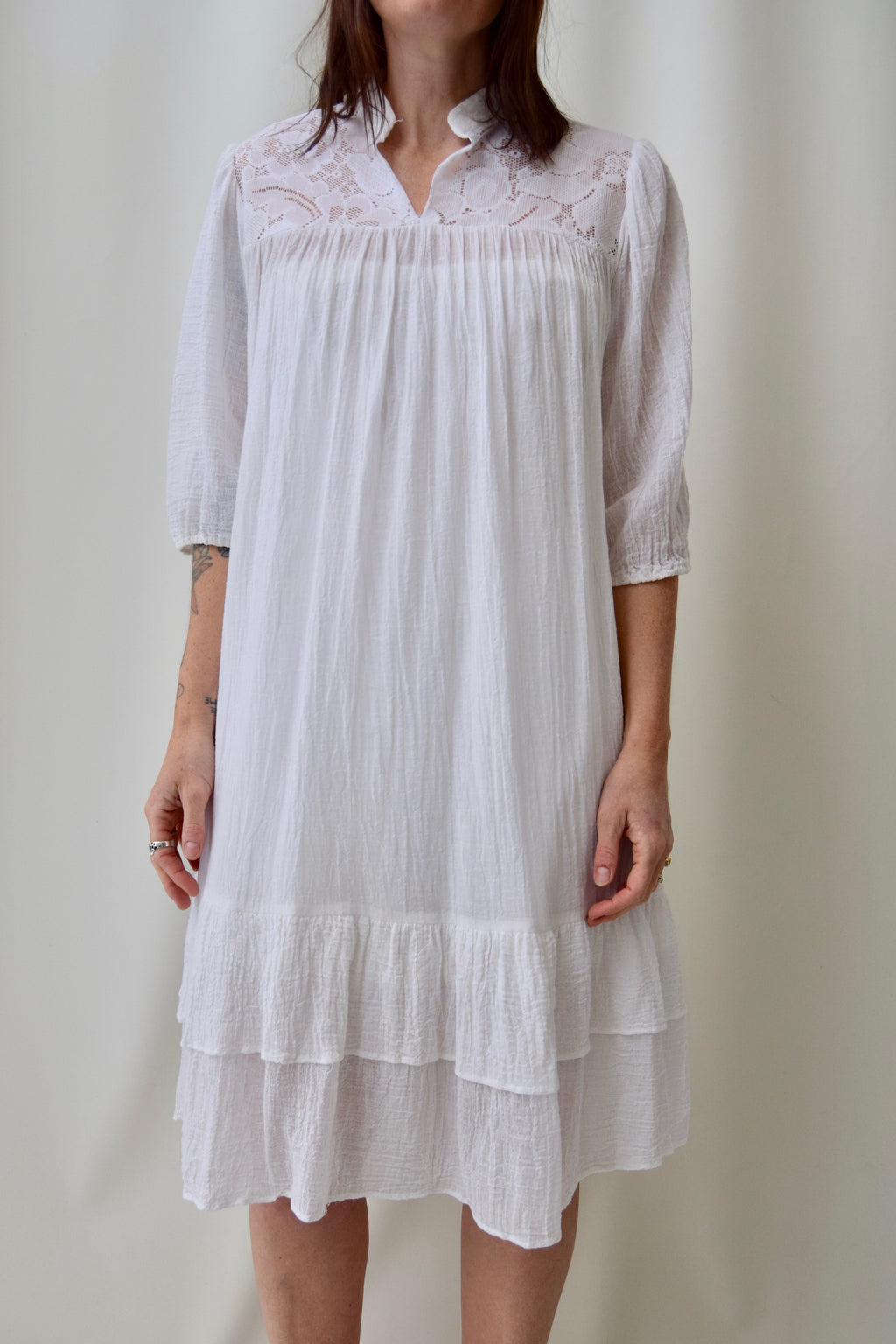 White Sheer Gauze Cotton Lace Dress