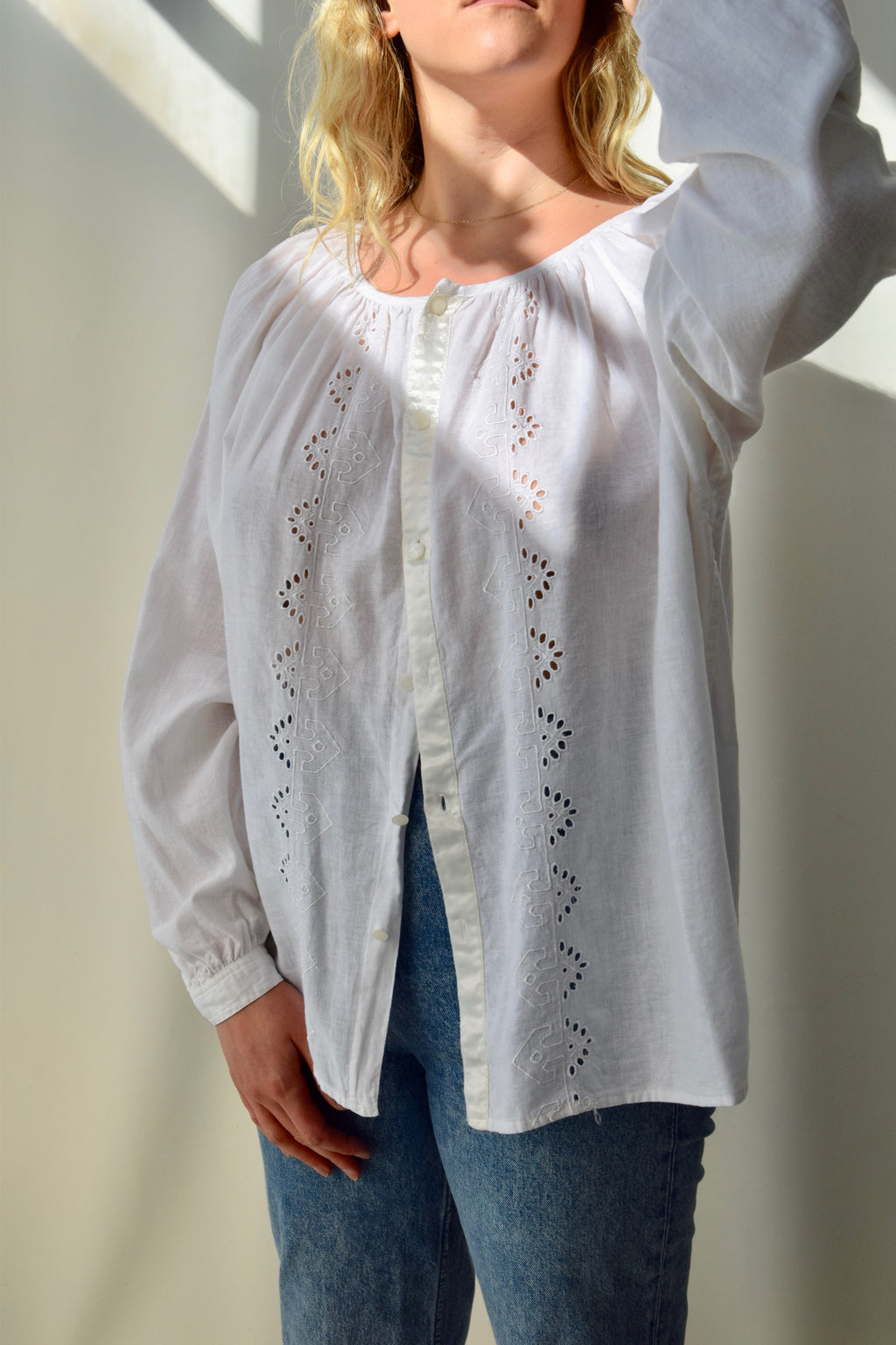 Linen Blend Eyelet Peasant Top