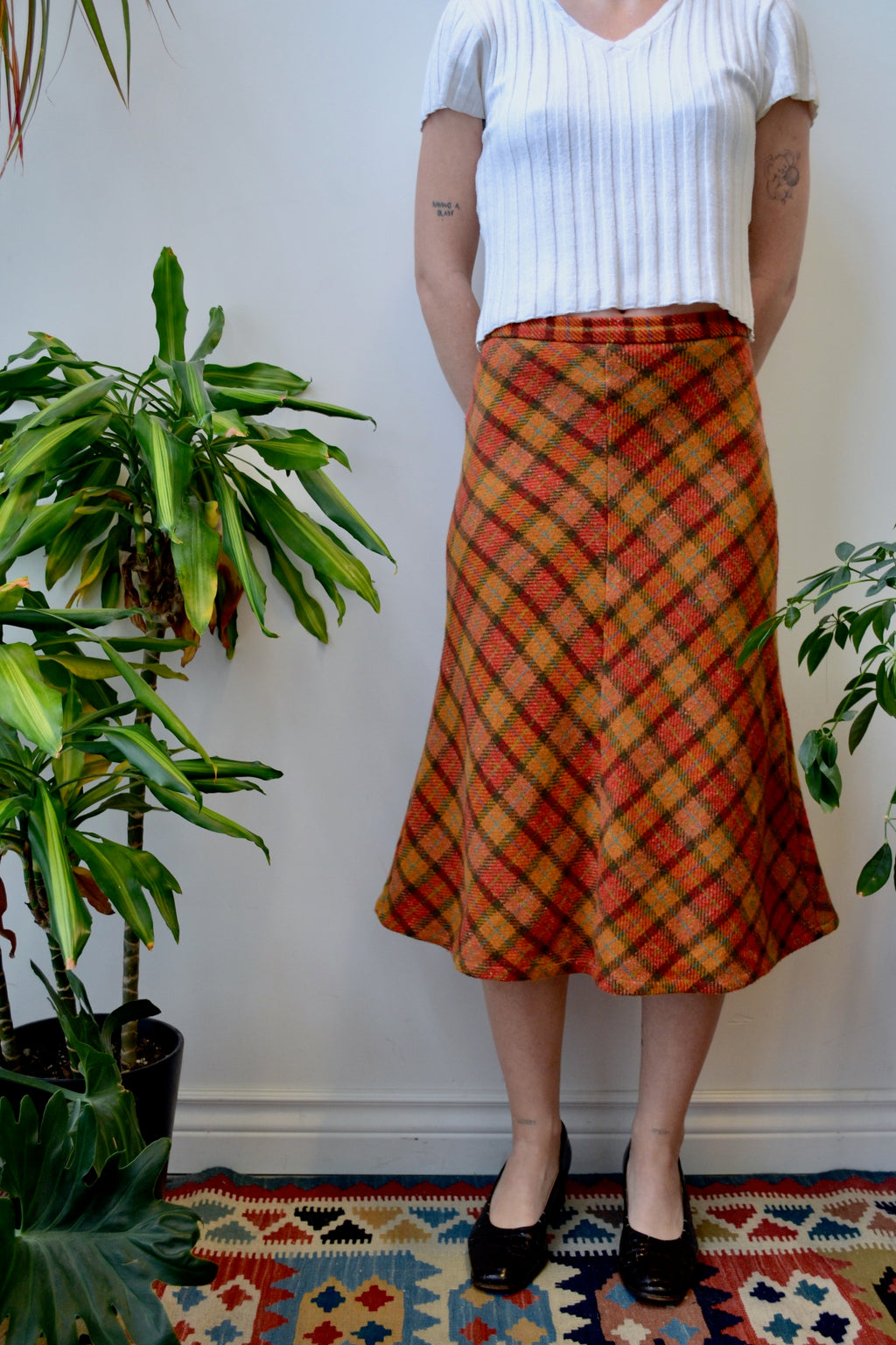 Plaid Wool Midi Skirt