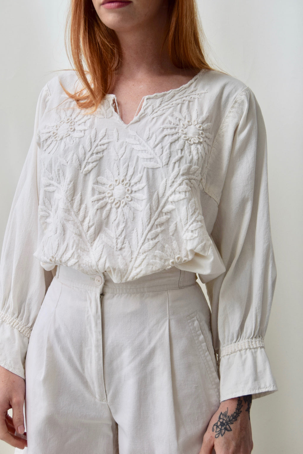 Monochrome Embroidered Floral Wheat Top