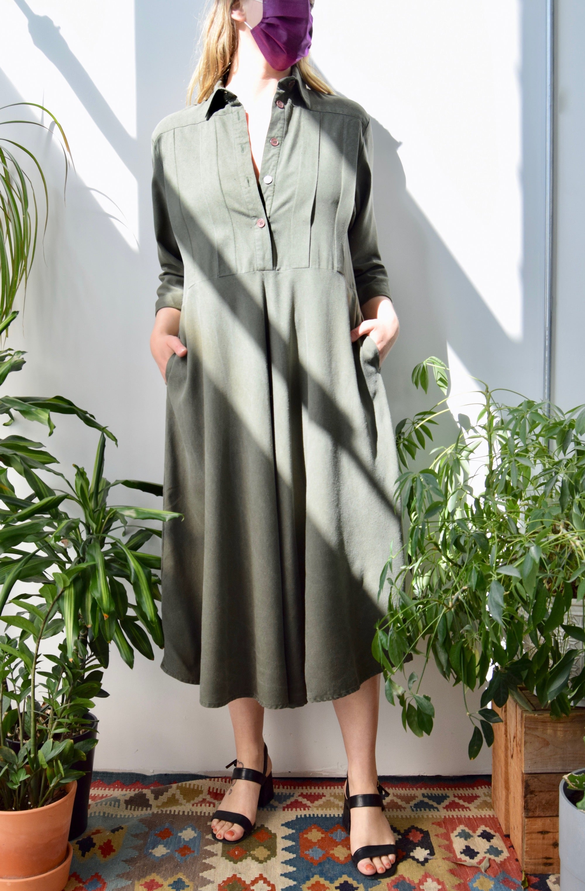 Olive Raw Silk Shirtdress