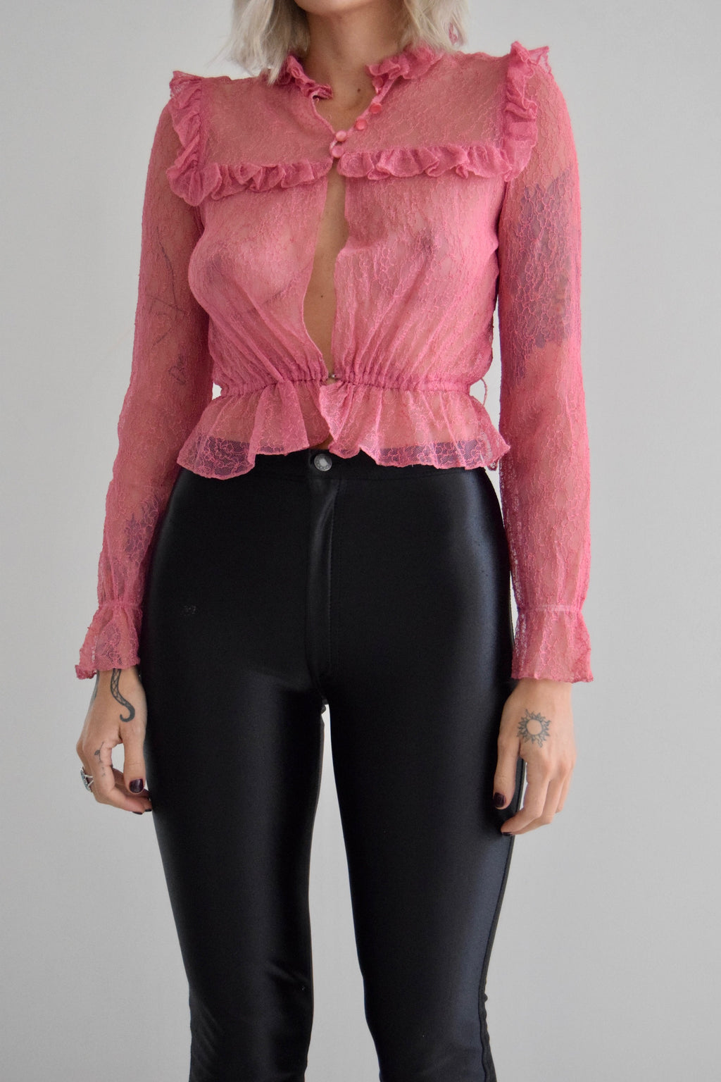 Vintage Cupcake Pink Ruffle Lace Long Sleeve Blouse