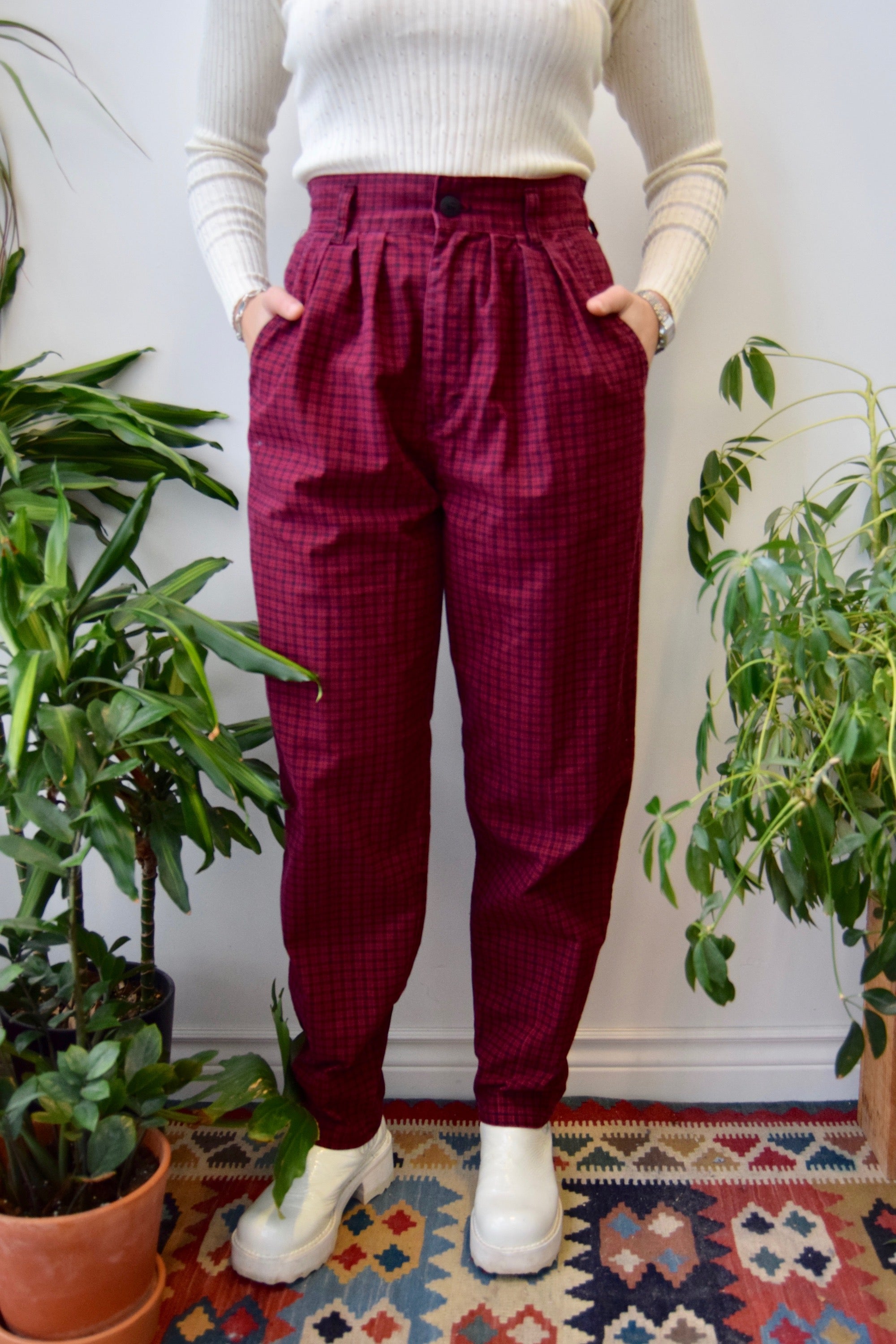 Cranberry Plaid Cotton Trousers