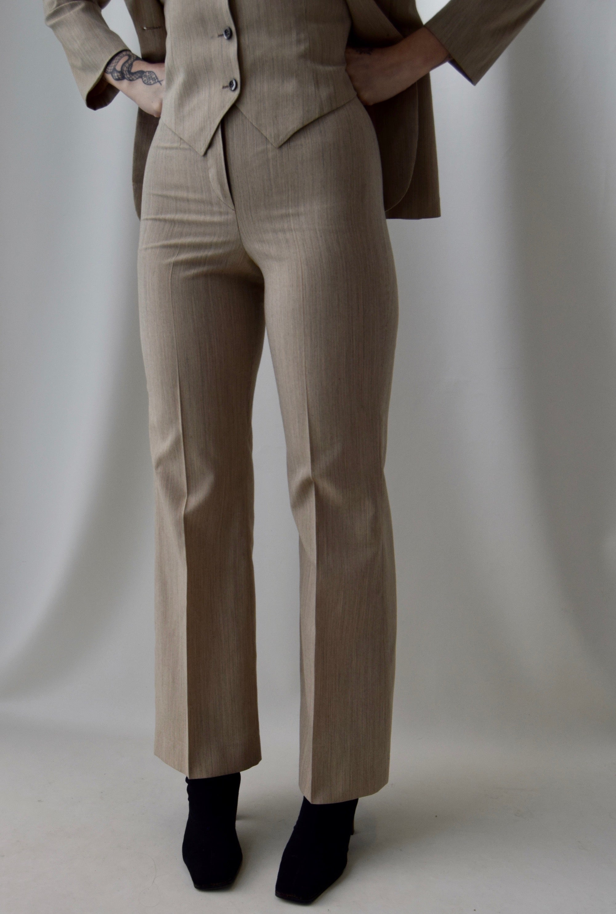1970's Three Piece Tan Pin Stripe Ladies Wool Suit