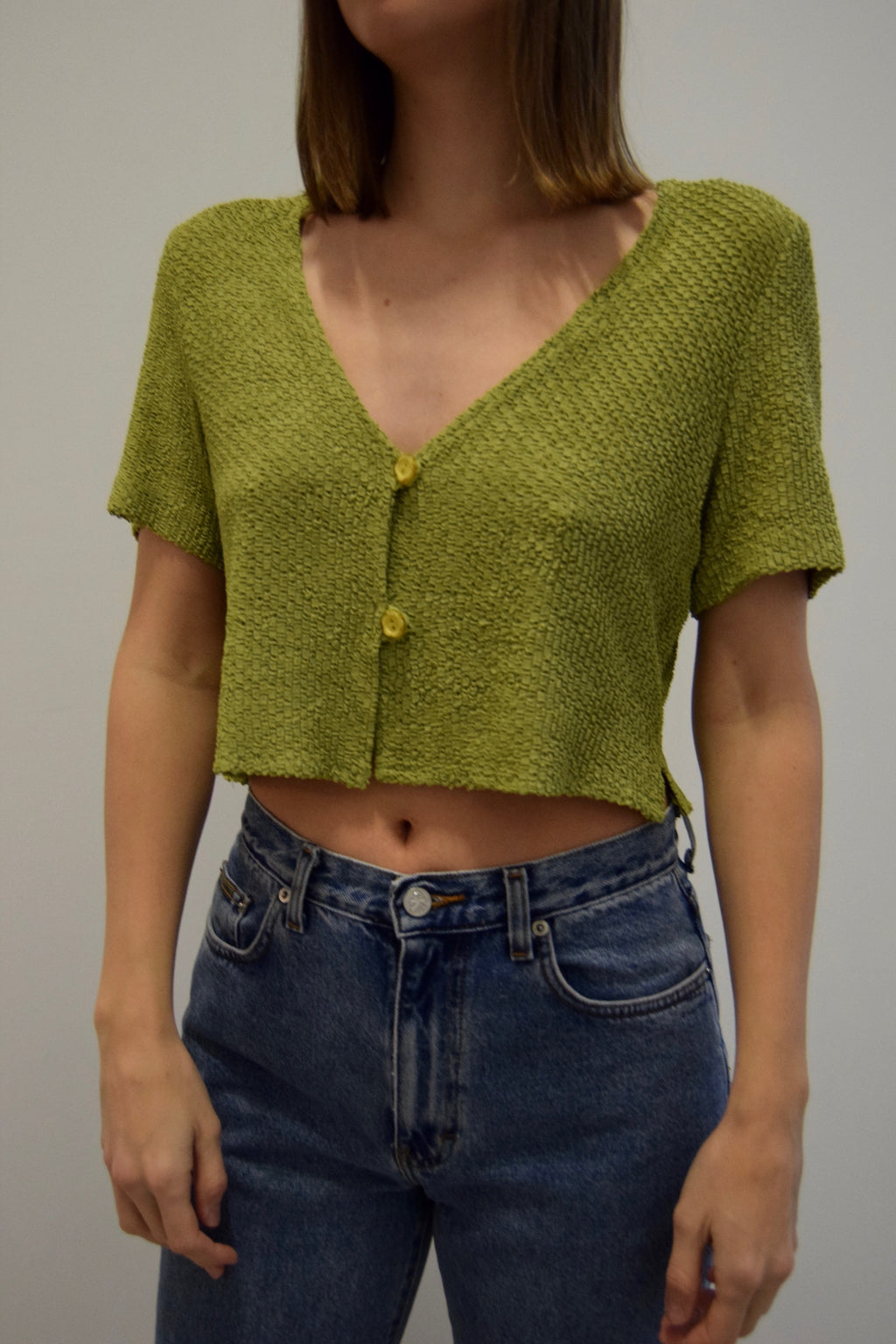 Pistachio Green Flower Button Crop Knit Top