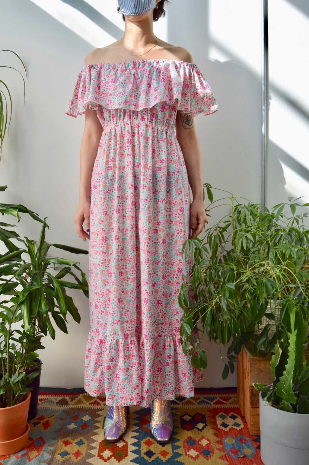 Pink Floral Off the Shoulder Dress