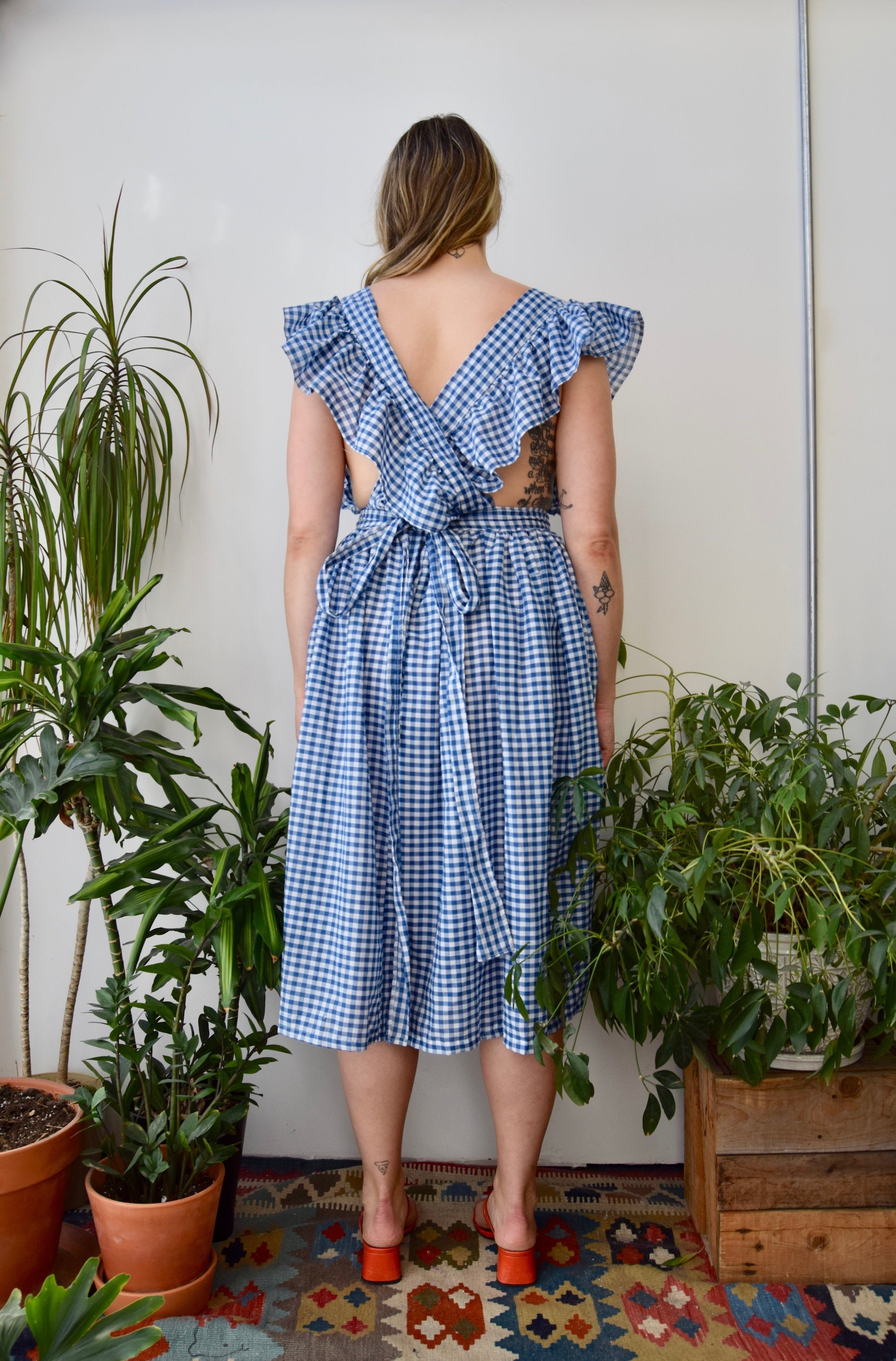 blue and white gingham pinafore dress Unique Vintage Blue & White Gingham Ruffle Pinafore
