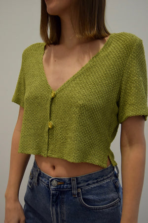 Pistachio Green Flower Button Crop Knit Top