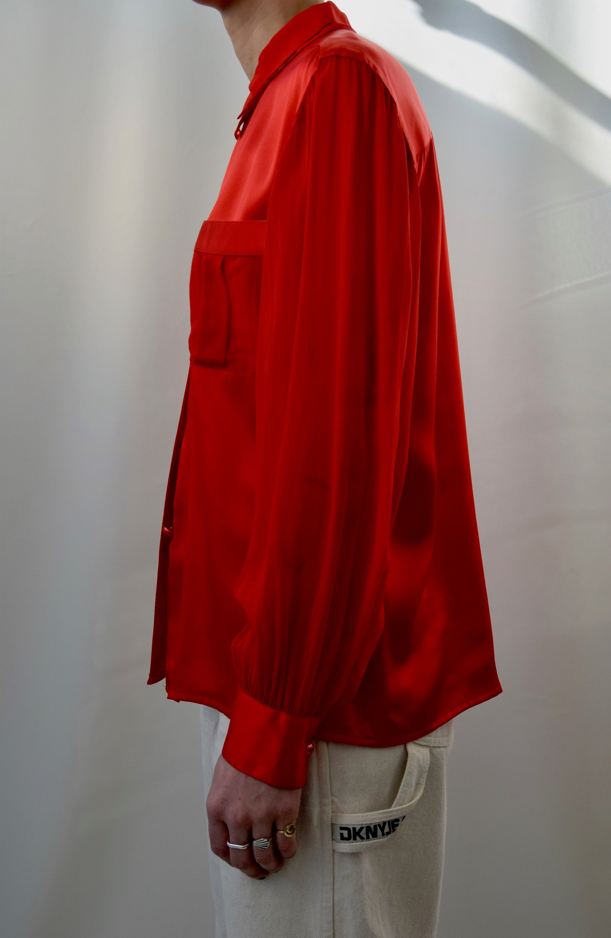 Crimson Red Satin and Sheer Silk Blouse