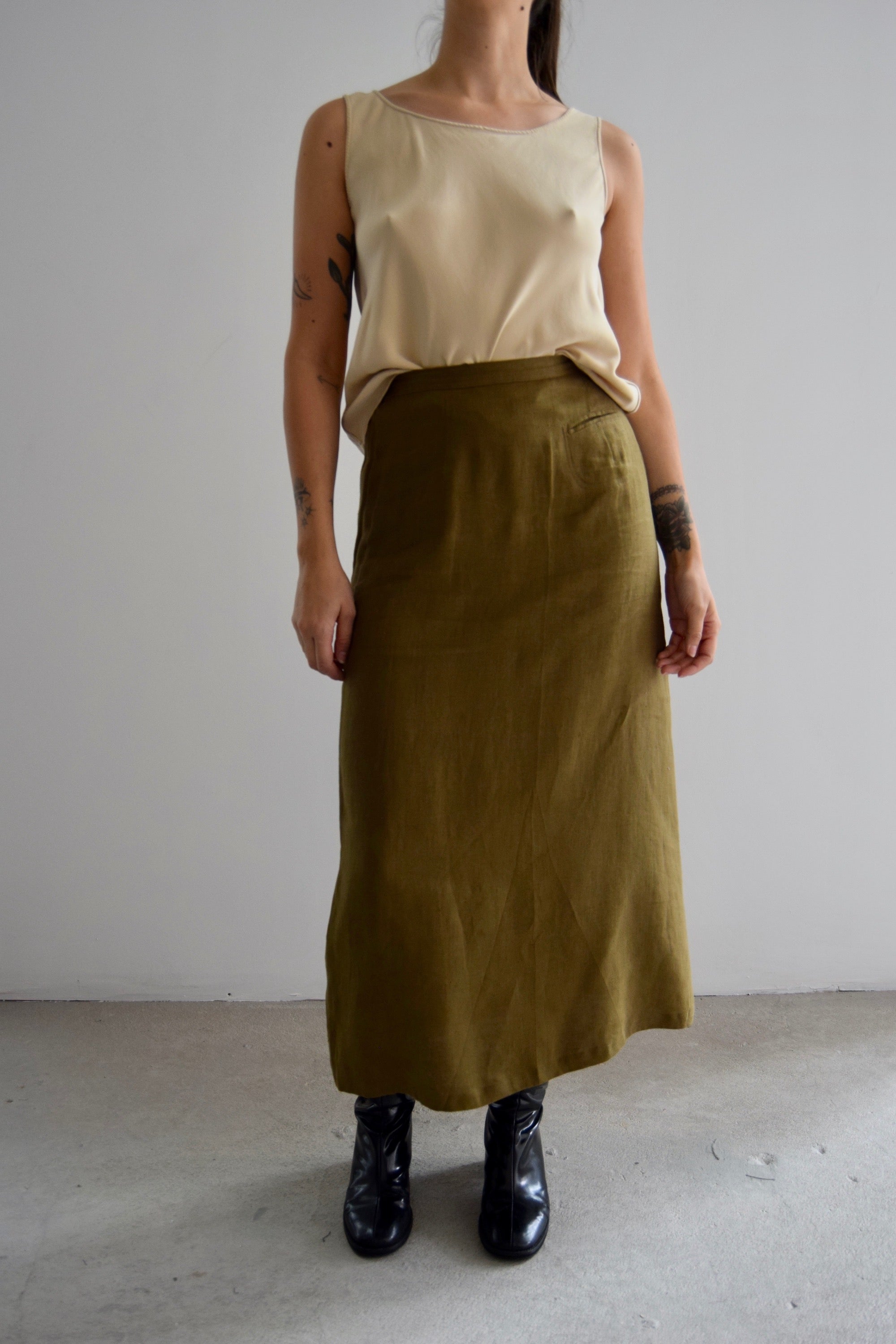 Vintage Olive Linen Long Skirt