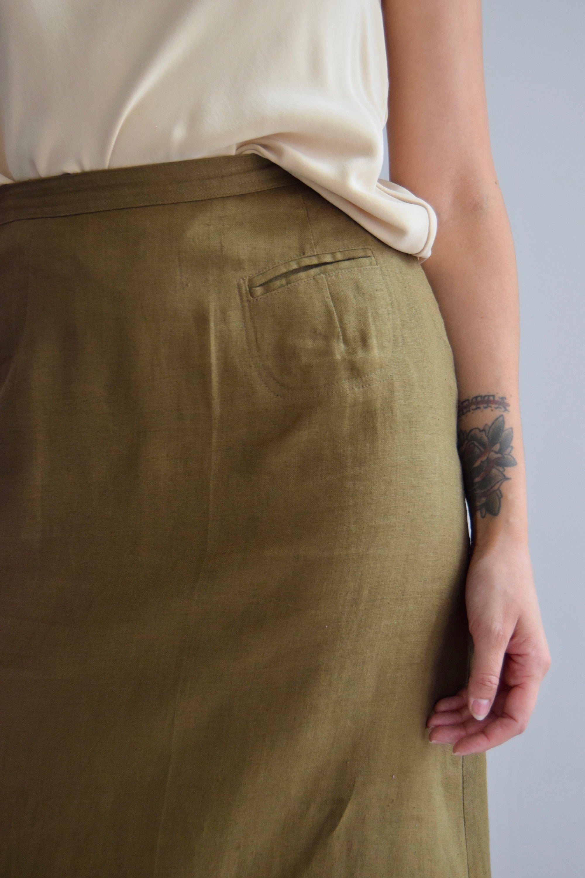 Vintage Olive Linen Long Skirt