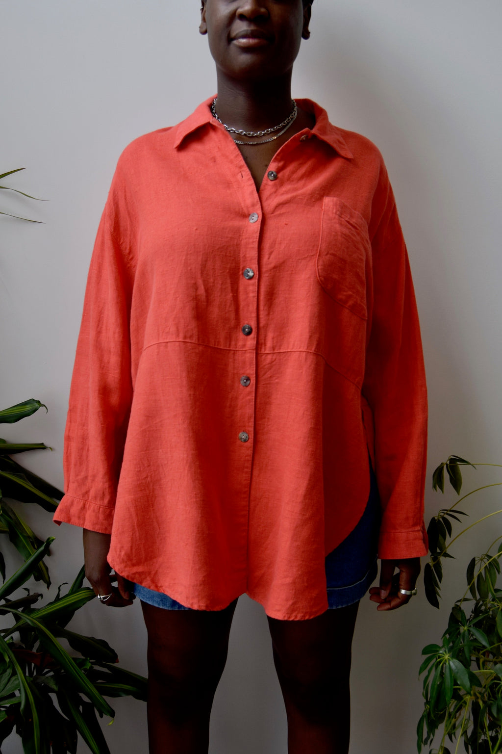 Red Linen Button Up