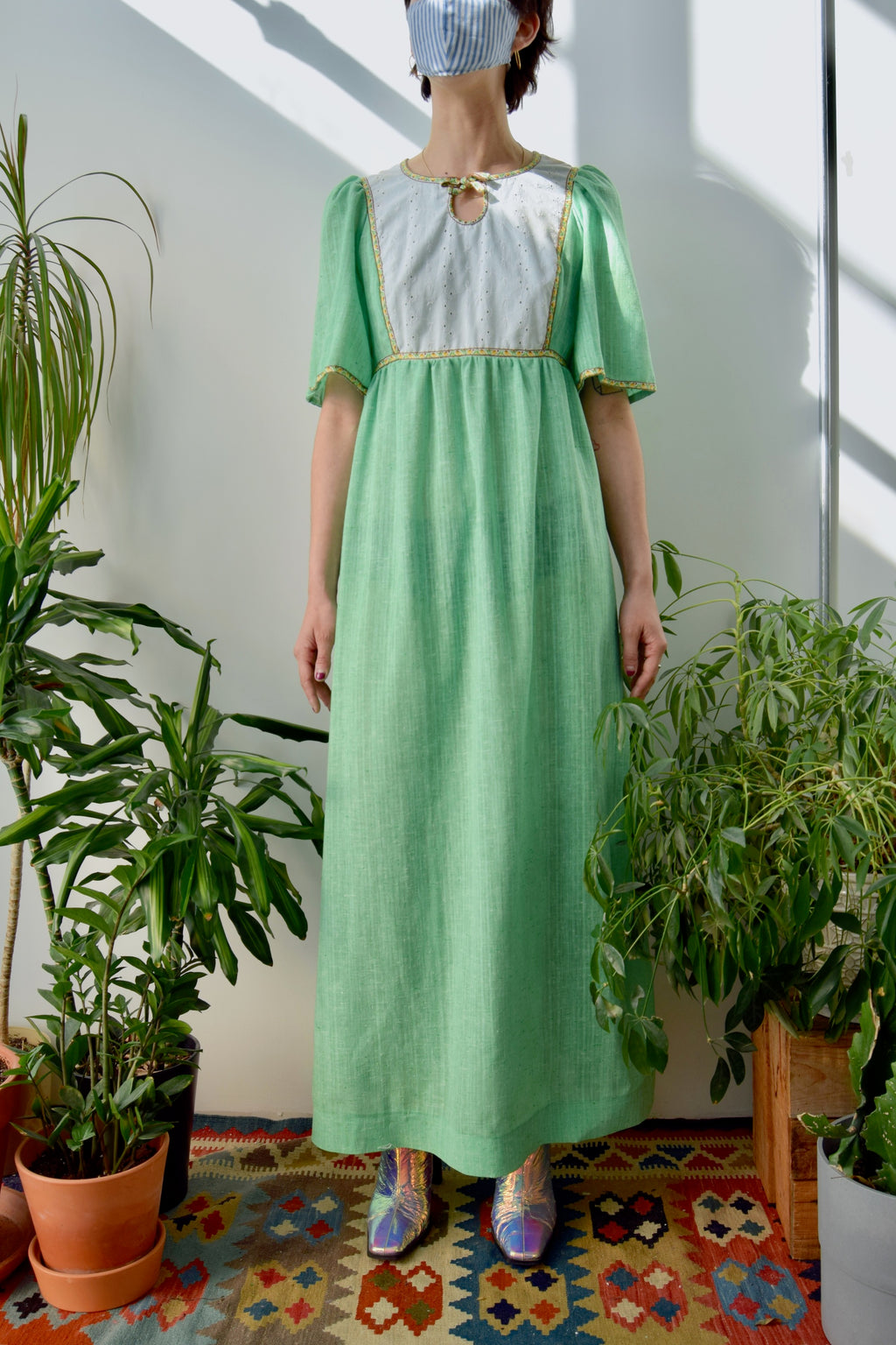 Seventies Spring Green Eyelet Bib Dress