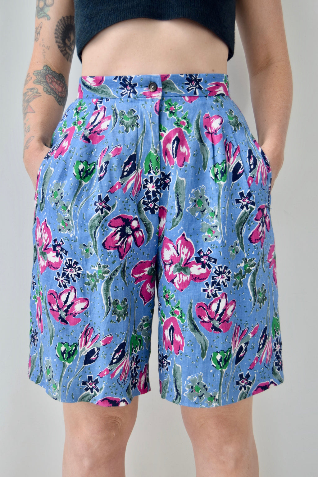 Baby Blue Linen Floral Trouser Shorts