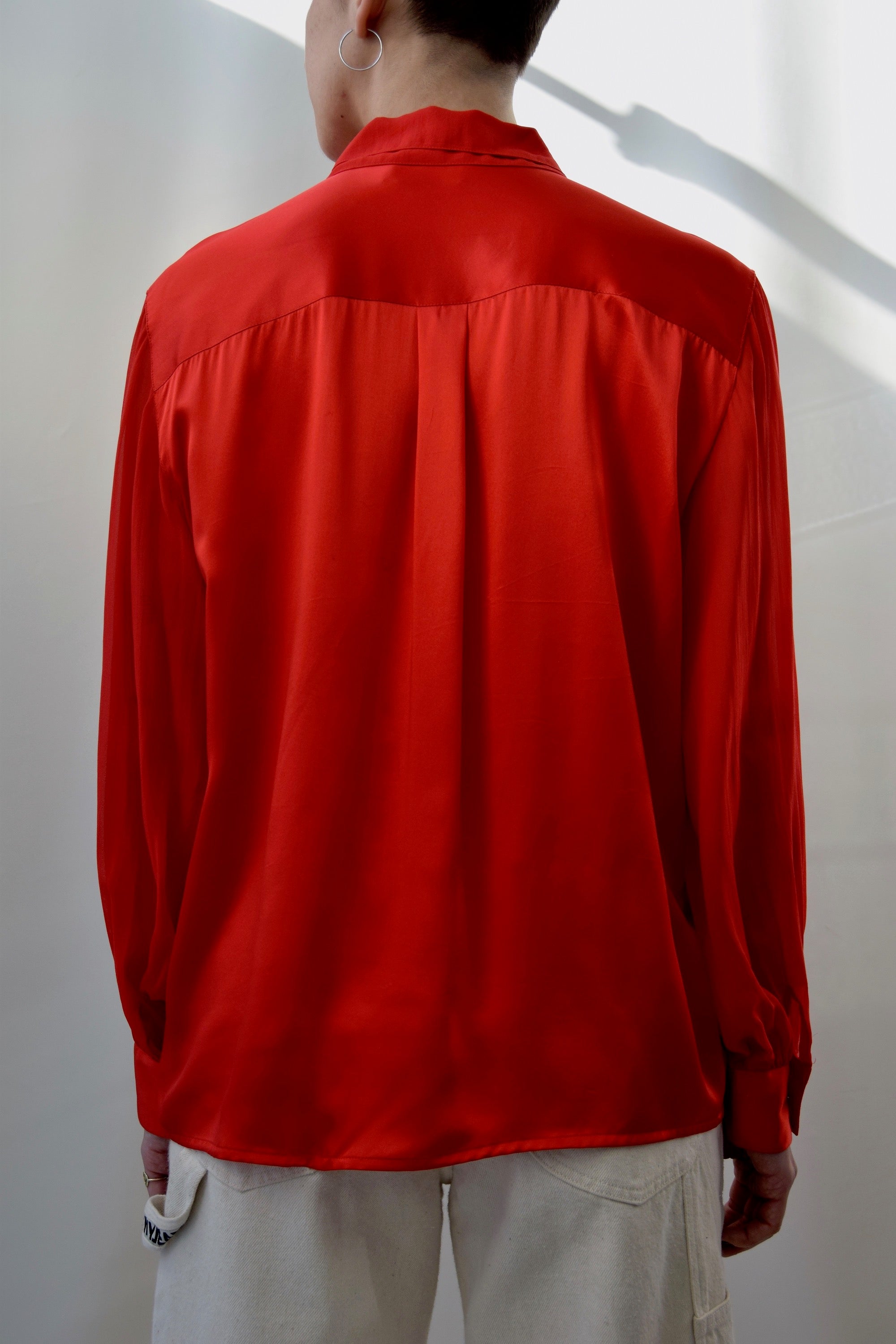 Crimson Red Satin and Sheer Silk Blouse