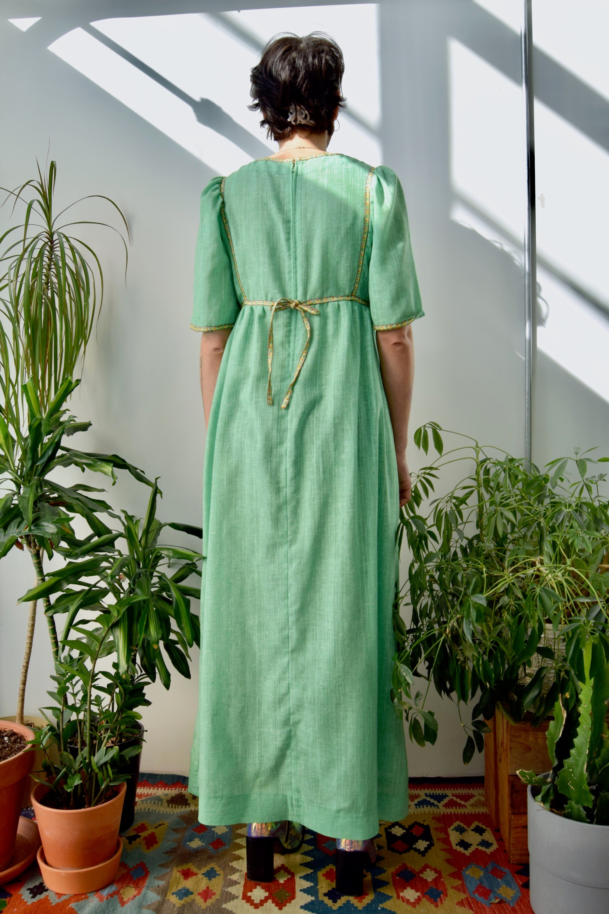 Seventies Spring Green Eyelet Bib Dress