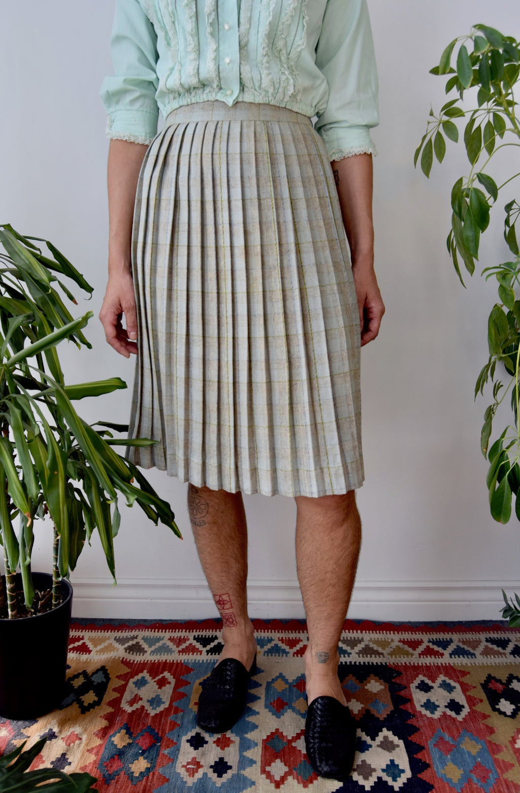 Minty Plaid Wool Skirt
