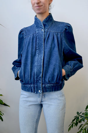 Dark Wash Puff Sleeve Bomber