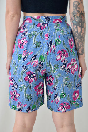 Baby Blue Linen Floral Trouser Shorts