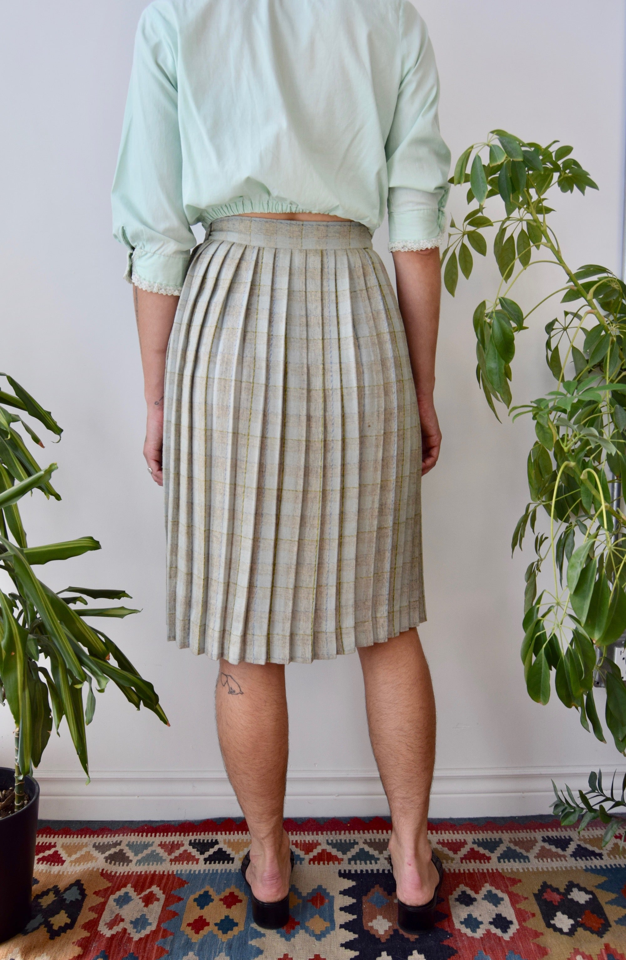 Minty Plaid Wool Skirt