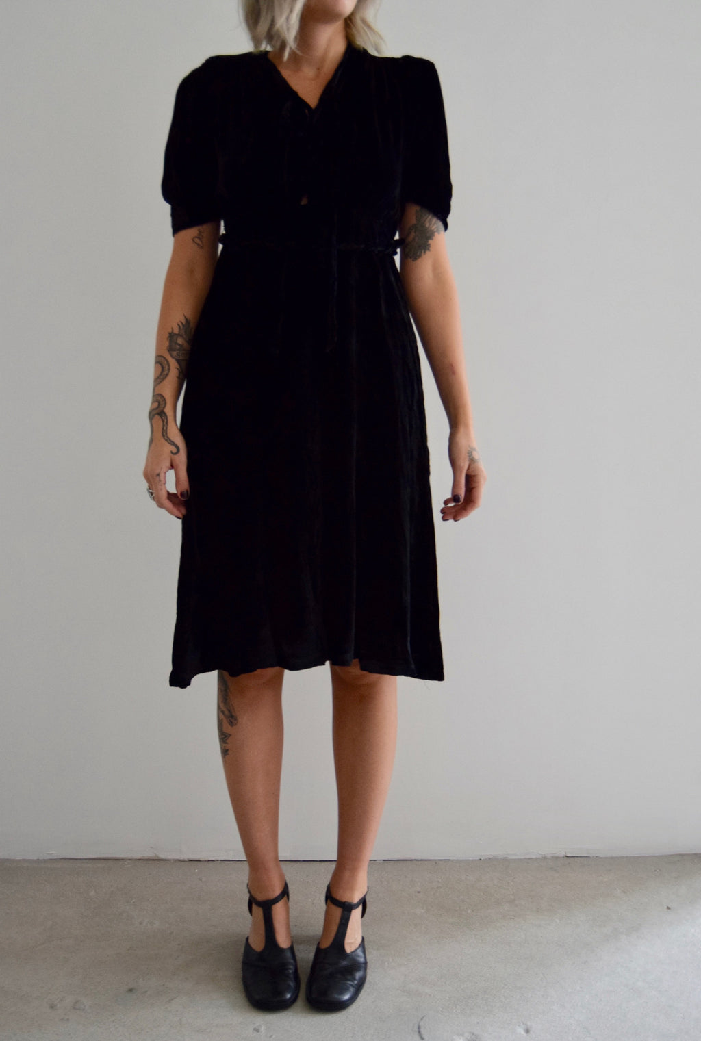 Vintage 30's Black Silk Velvet Rope Braid Dress