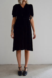 Vintage 30's Black Silk Velvet Rope Braid Dress