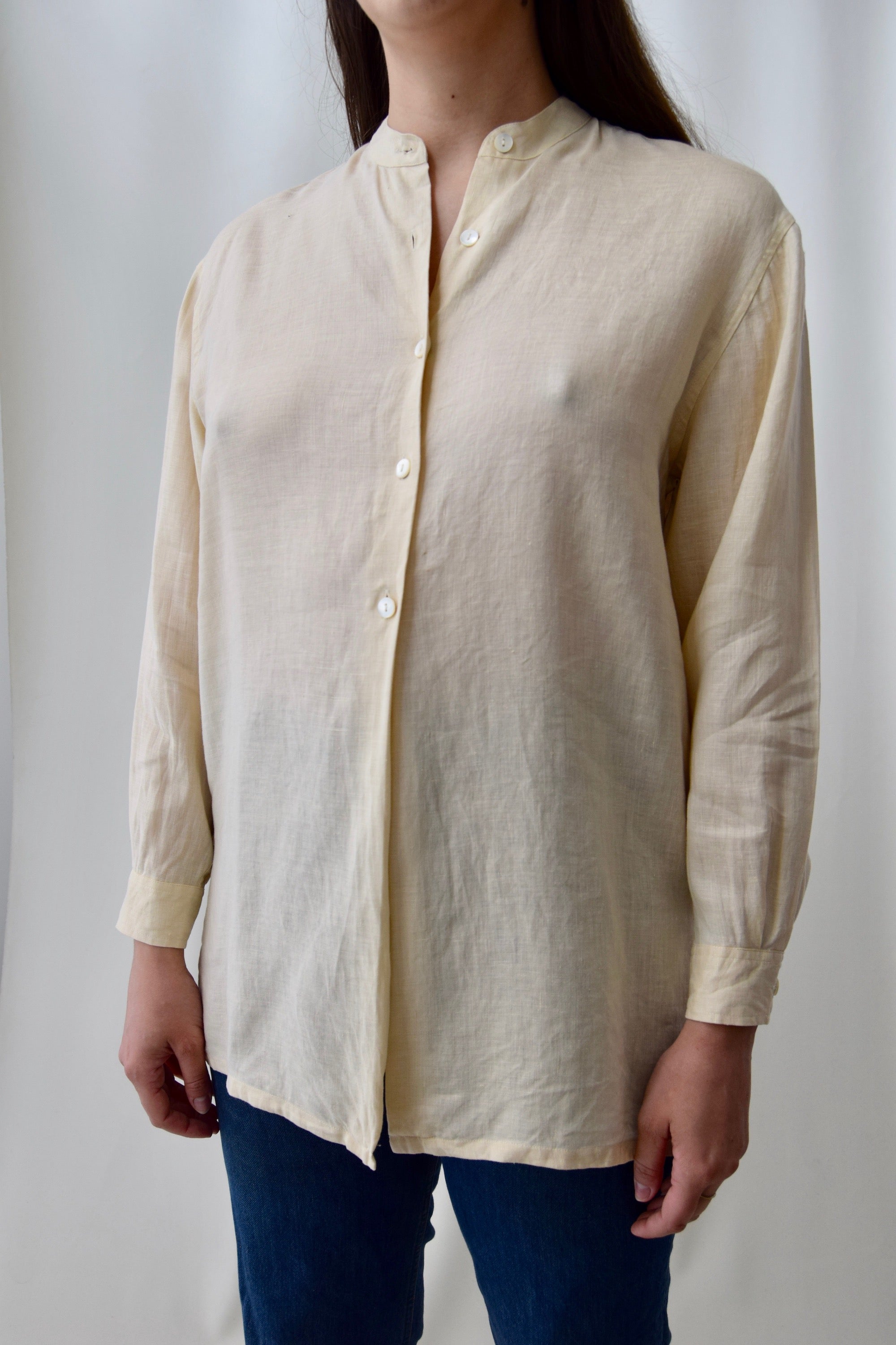 Cream Gauze Linen Band Collar Top