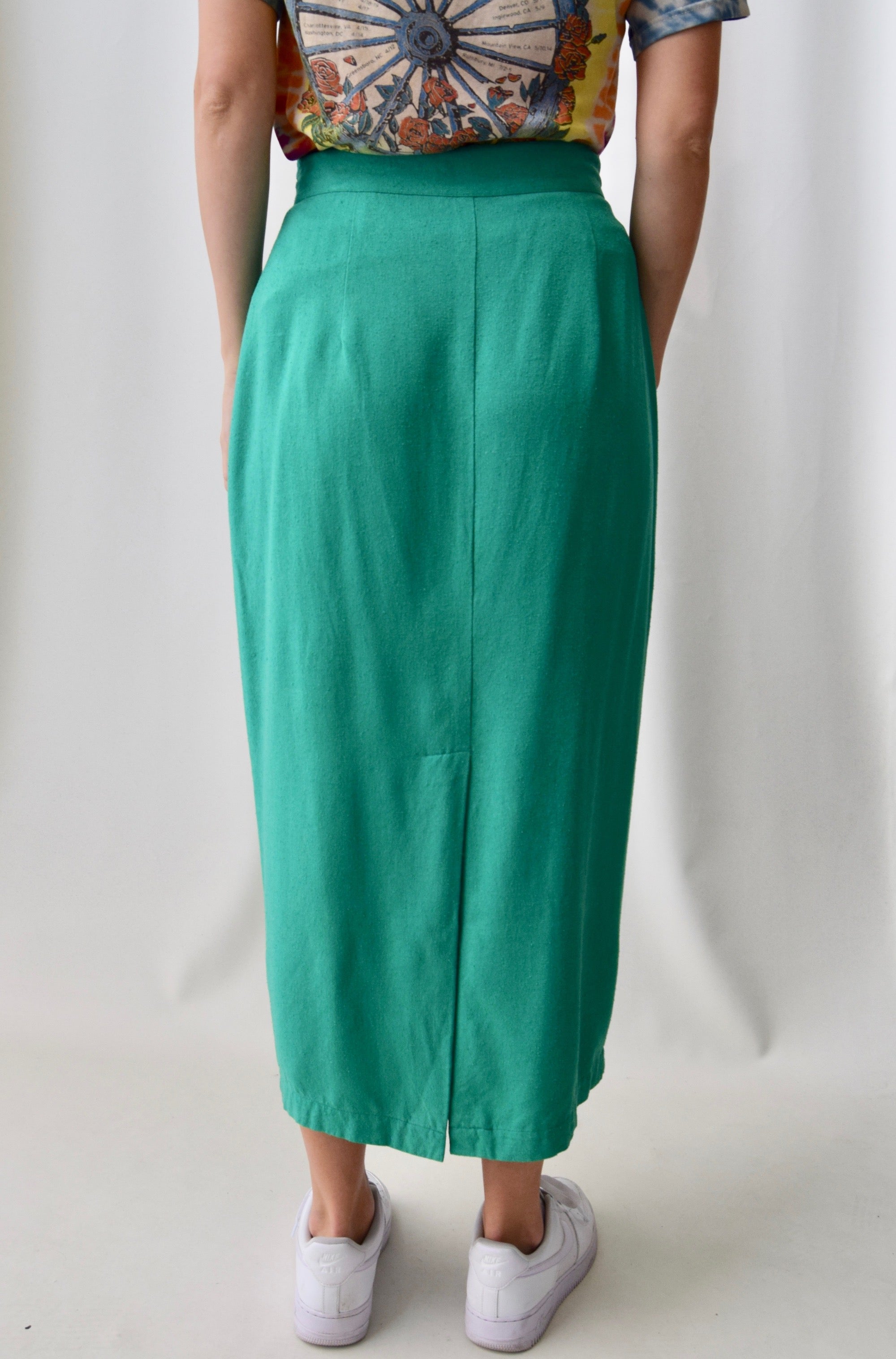 Green Raw Silk Button Front Skirt