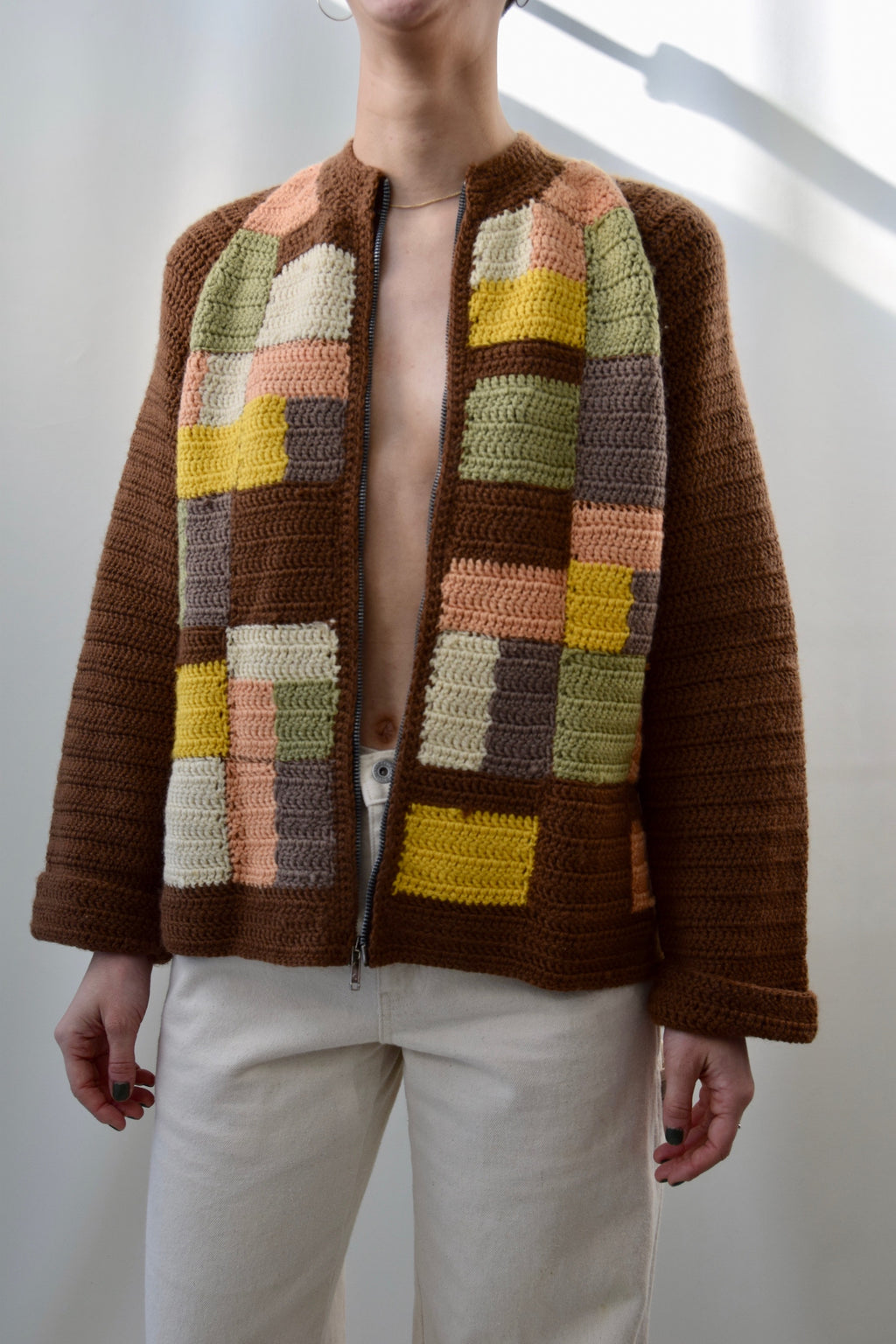 Hand Knit Pastel Block Belt Back Sweater Jacket