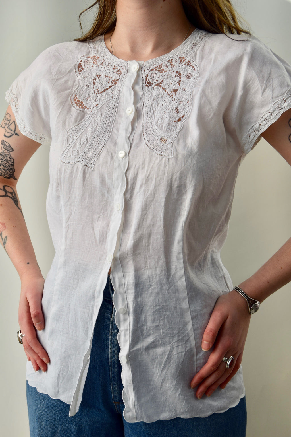 Vintage White Linen Lace Bow Top