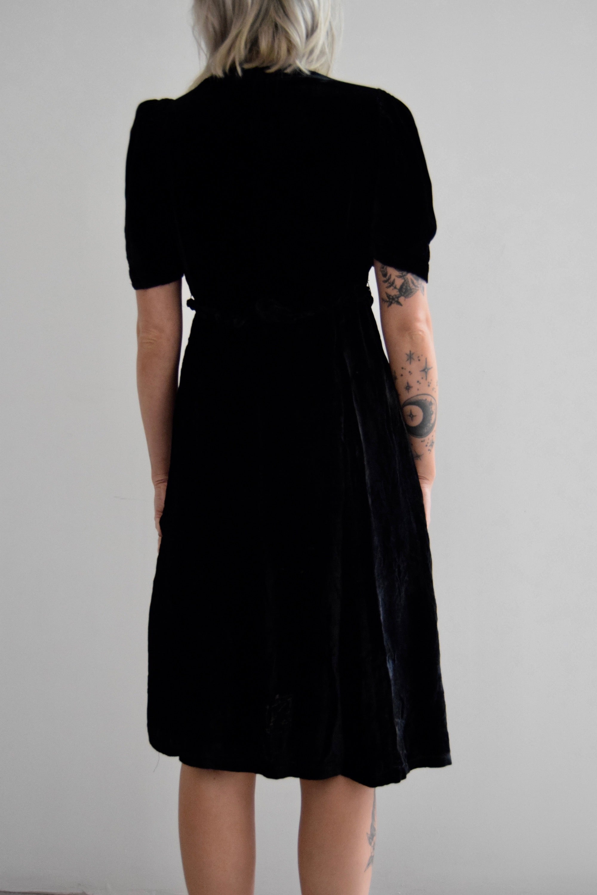 Vintage 30's Black Silk Velvet Rope Braid Dress
