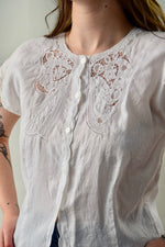 Vintage White Linen Lace Bow Top