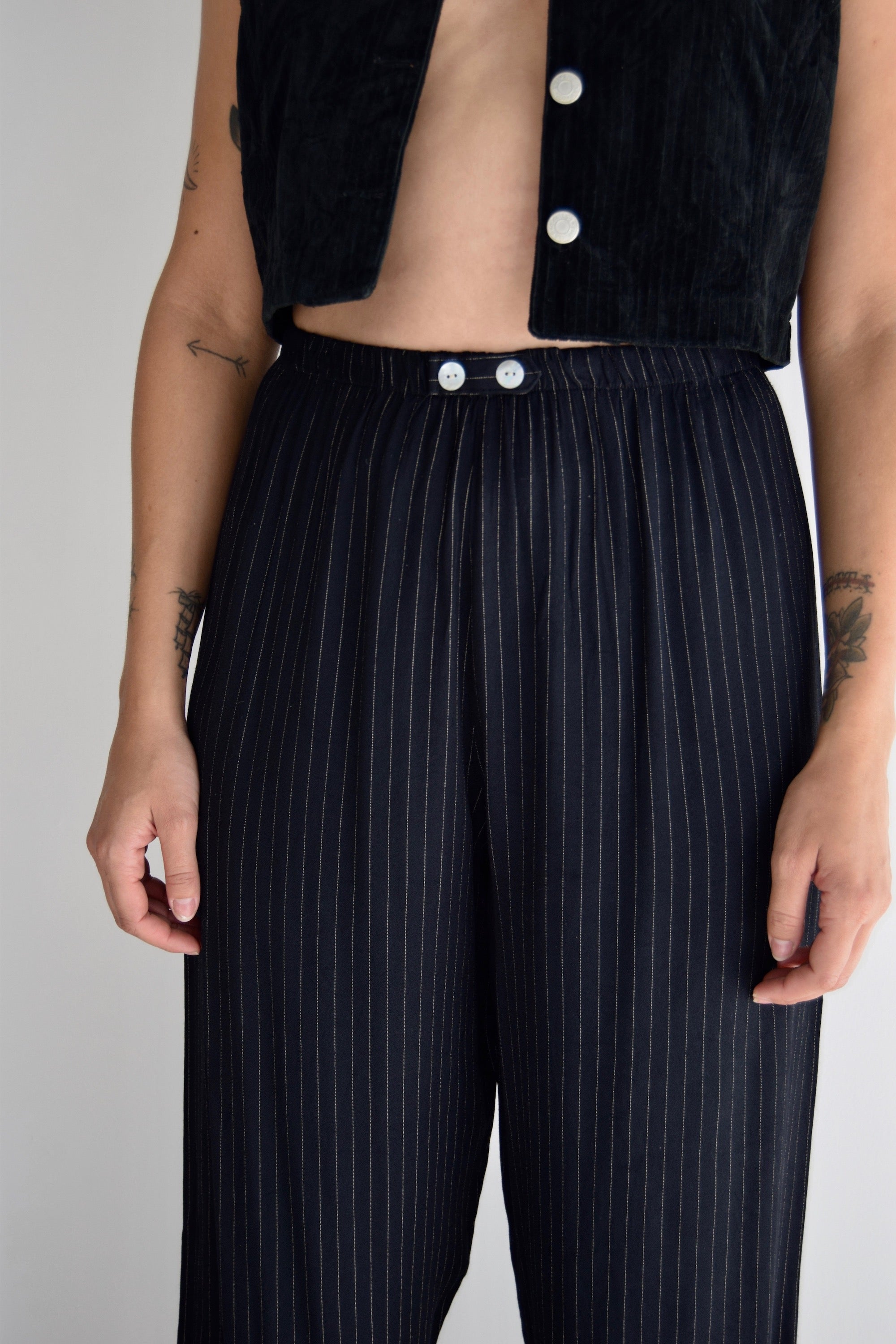 Black and Buff Pinstriped Rayon Trousers
