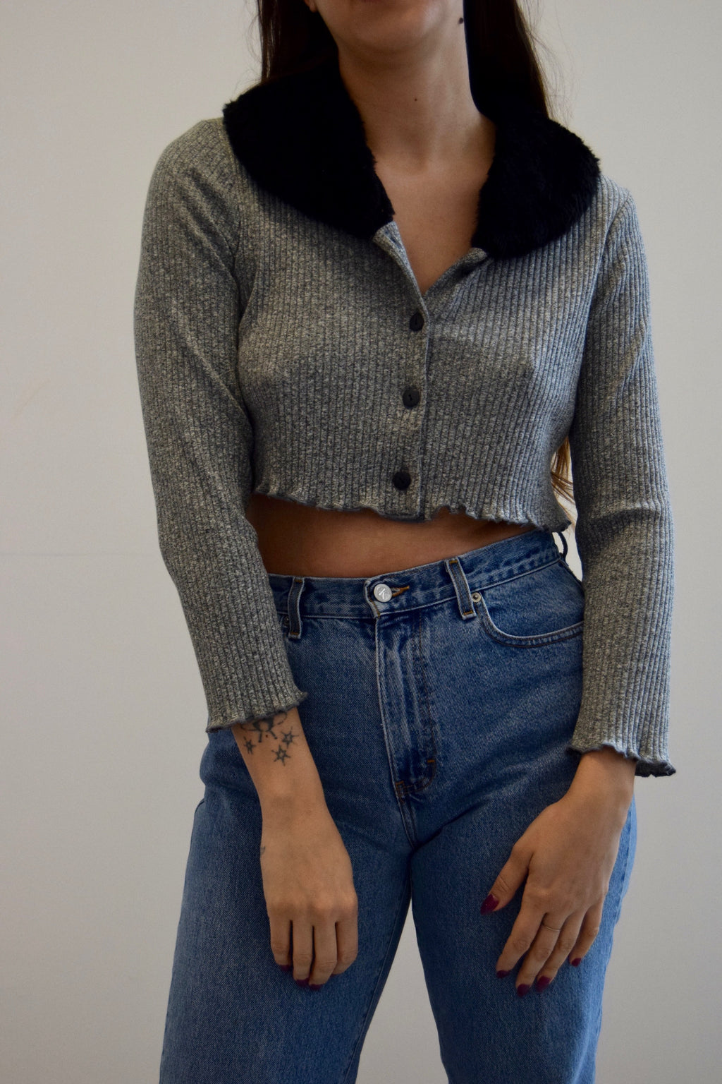 90's Heather Grey Ribbed Knit With Fun Fur Collar