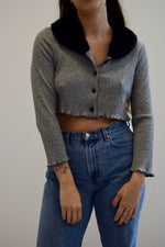 90's Heather Grey Ribbed Knit With Fun Fur Collar