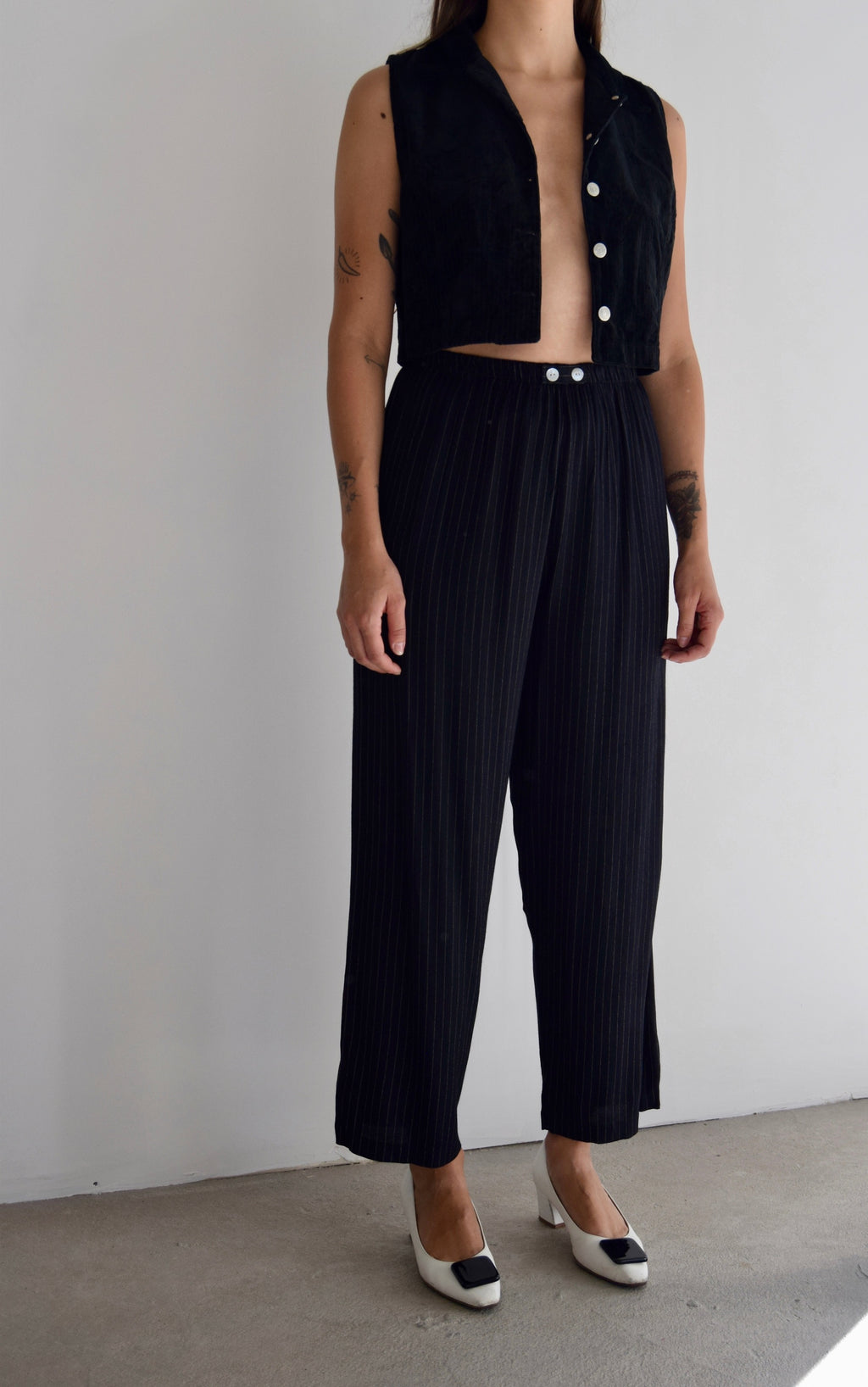 Black and Buff Pinstriped Rayon Trousers