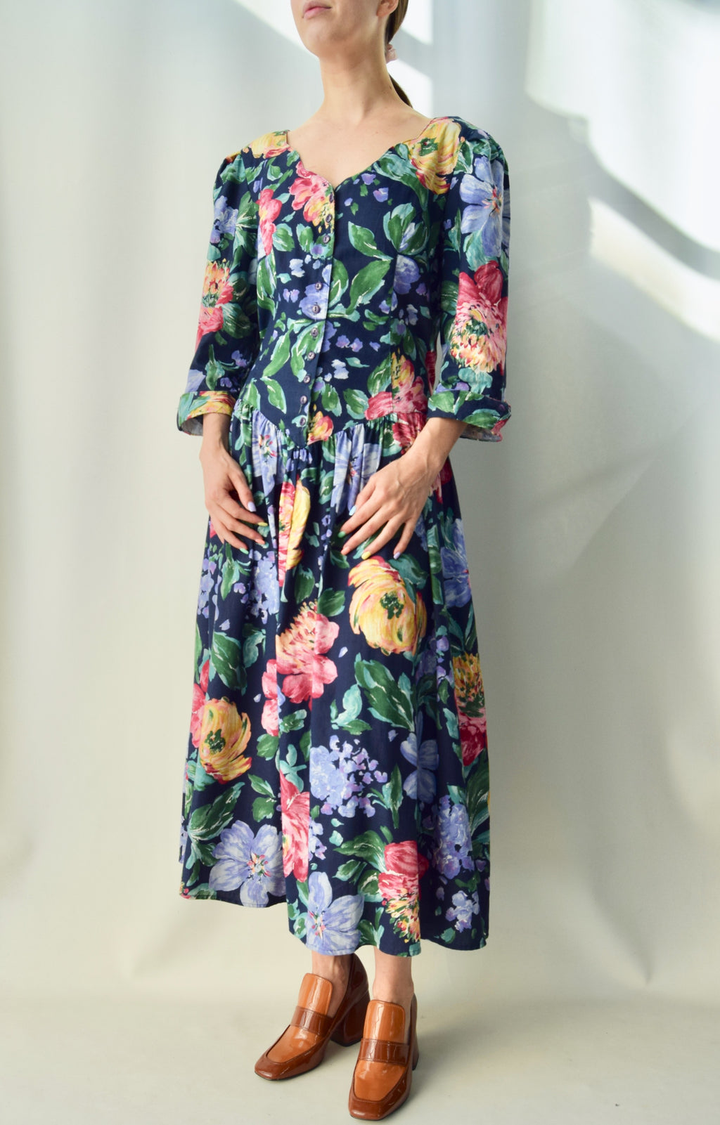 Painted Floral Princess Puff Sleeve Dress