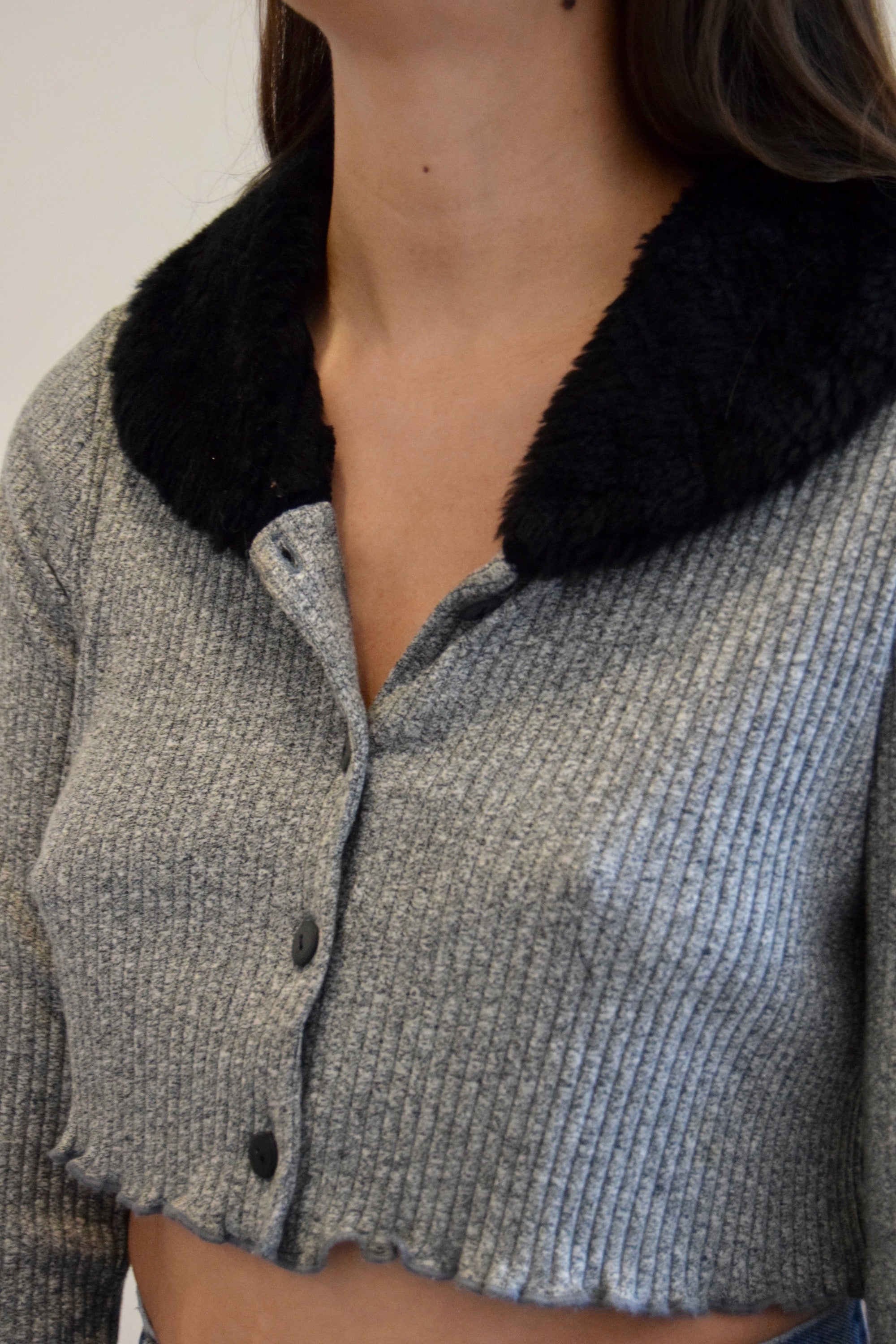 90's Heather Grey Ribbed Knit With Fun Fur Collar