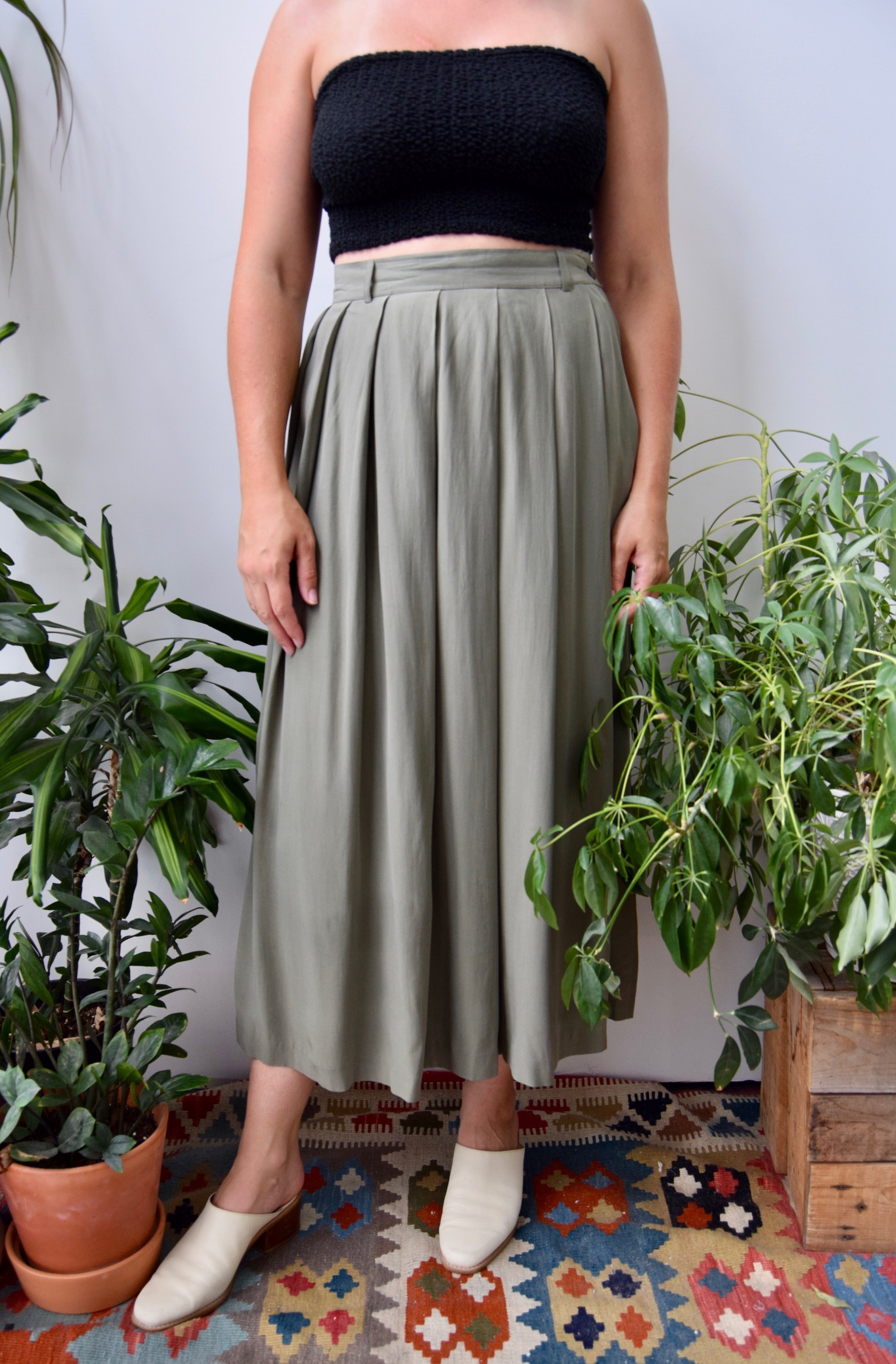 Olive Silk Pleated Skirt