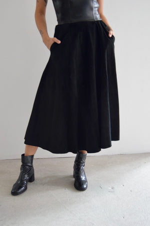 Vintage Deep Black Suede Midi Skirt