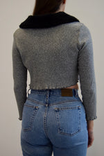 90's Heather Grey Ribbed Knit With Fun Fur Collar